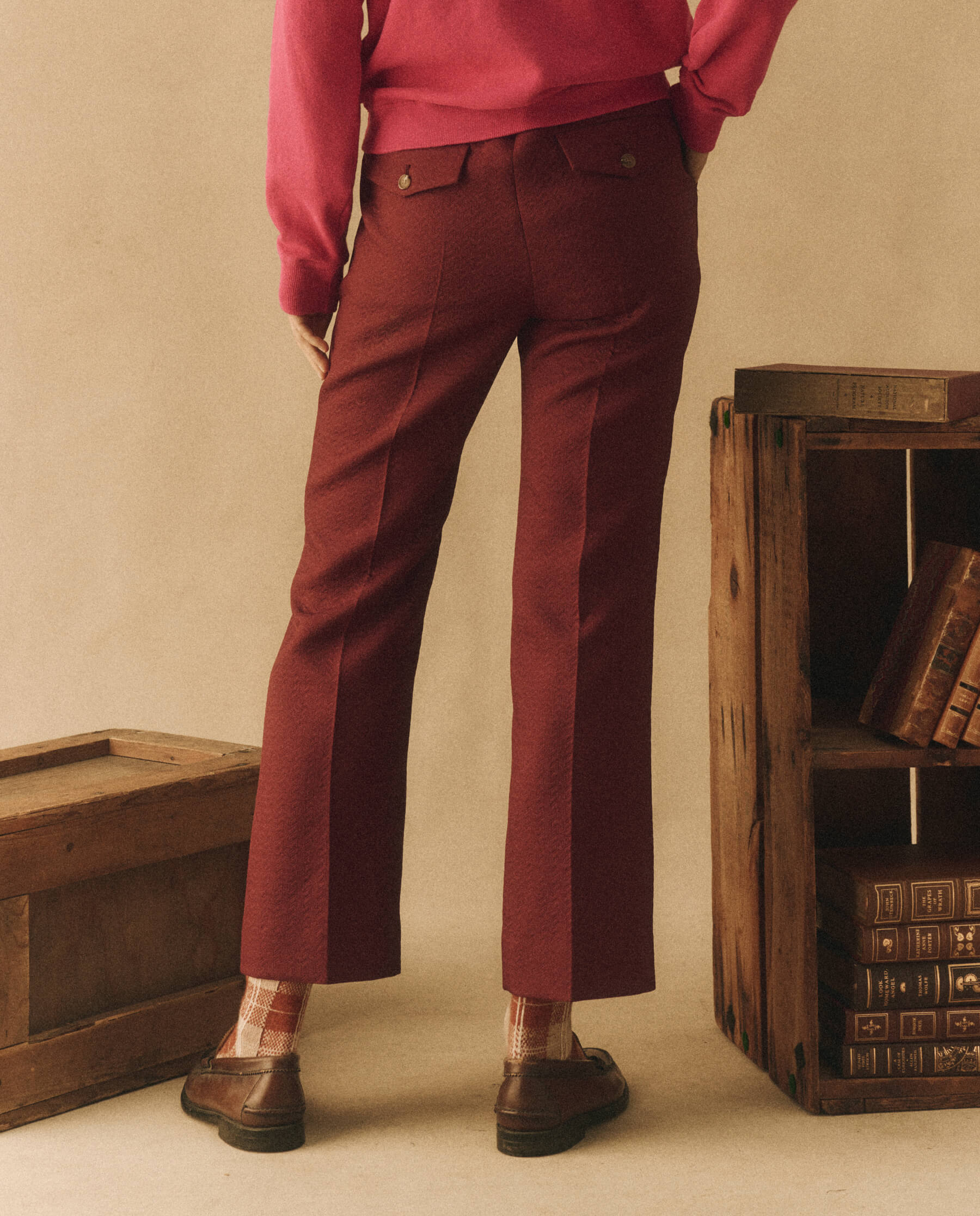 The Geo Jacquard Prim Trouser. -- Mulled Wine TWILL BOTTOM THE GREAT. HOL 23 D1 SALE