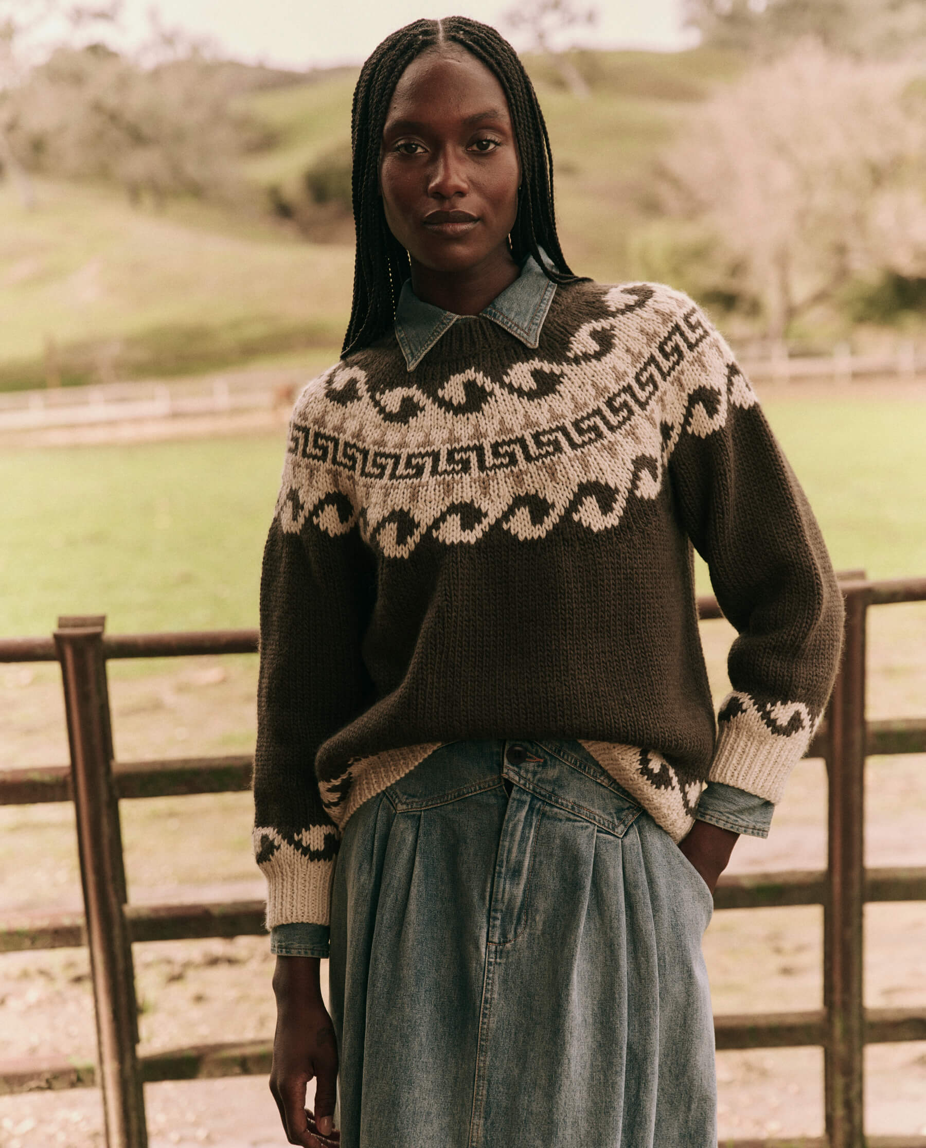 The Greek Key Pullover. -- Driftwood SWEATERS THE GREAT. FALL 24 D2