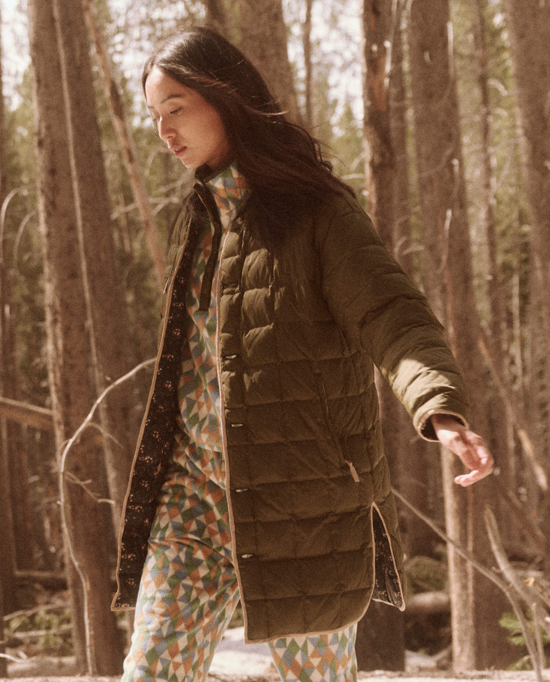The Reversible Down Treeline Puffer. -- Wilderness Floral and Evergreen JACKET THE GREAT. FALL 23 TGO SALE