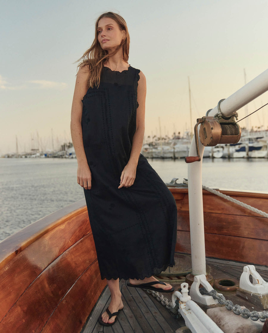 THE SCALLOPED EYELET SHIFT DRESS. Black. 2