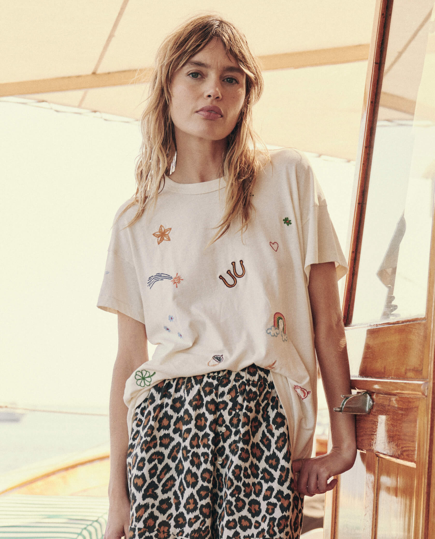 The Boxy Crew. Embroidered -- Washed White with Charm Embroidery