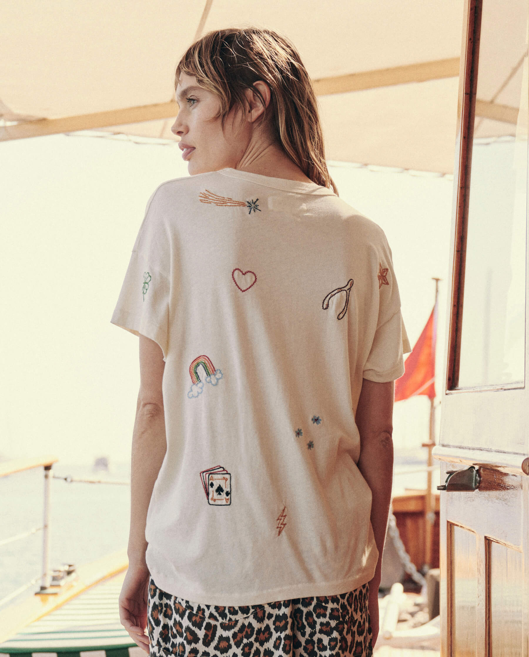 The Boxy Crew. Embroidered -- Washed White with Charm Embroidery TEES THE GREAT. SU24