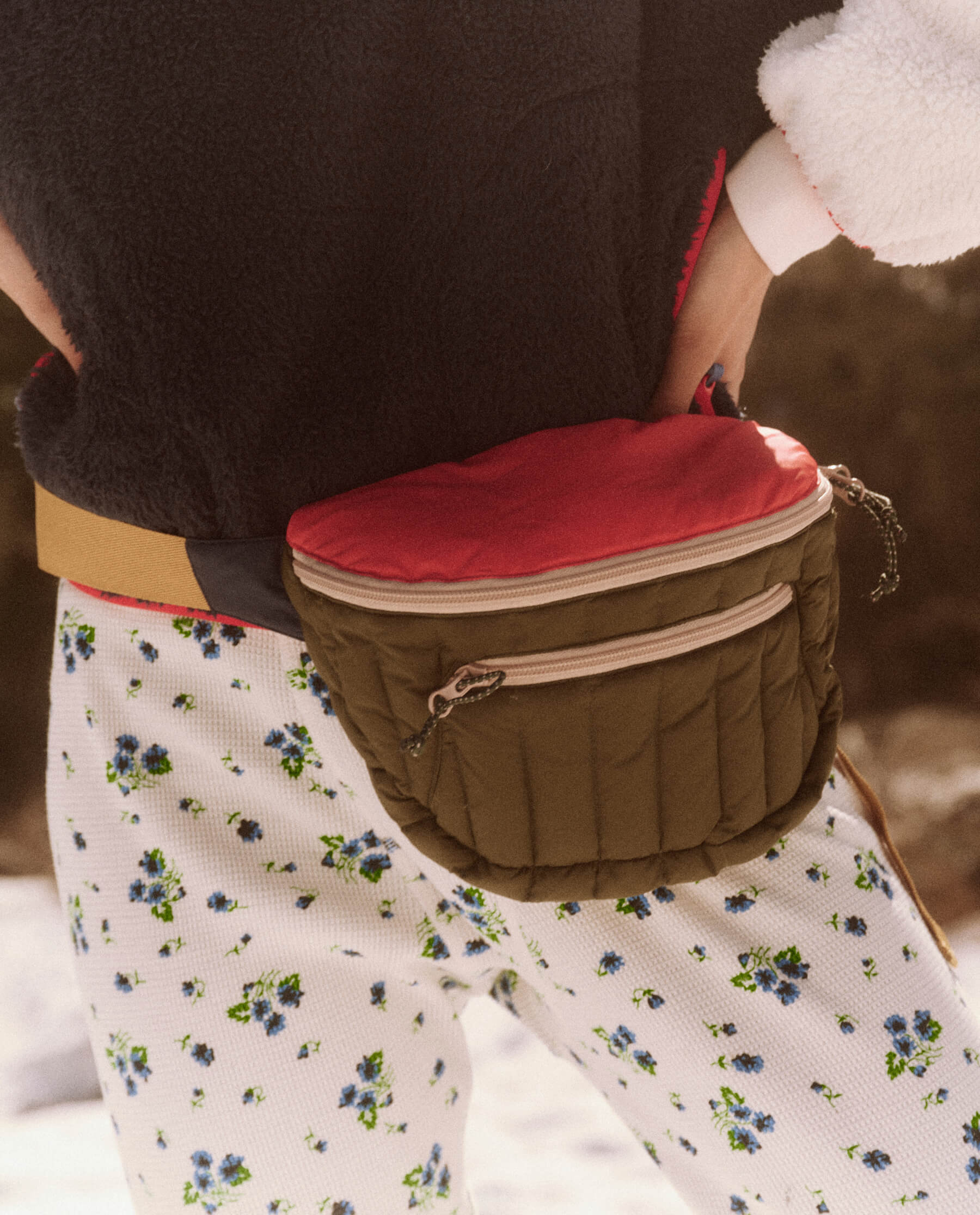 The Down Quilted Puffer Hip Pack. -- Evergreen Multi BAGS THE GREAT. FALL 23 TGO SALE