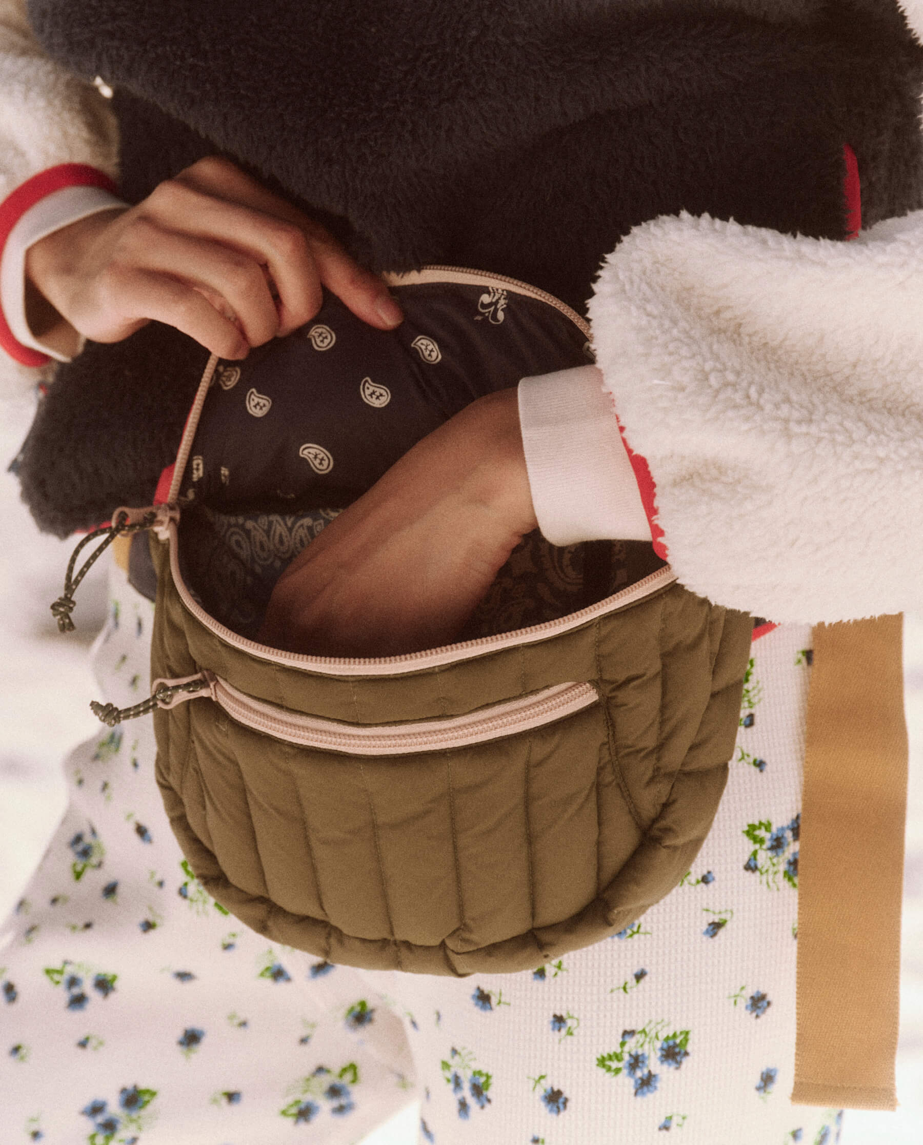 The Down Quilted Puffer Hip Pack. -- Evergreen Multi BAGS THE GREAT. FALL 23 TGO SALE