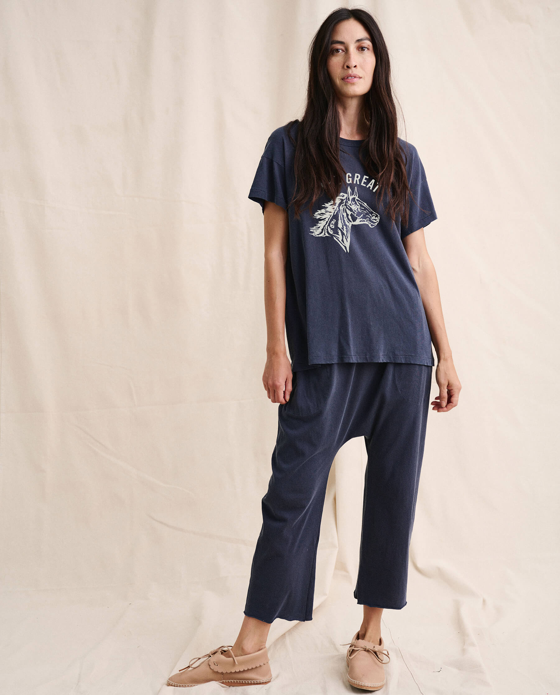 The Boxy Crew. Graphic -- Washed Navy with Cream Bronco Graphic