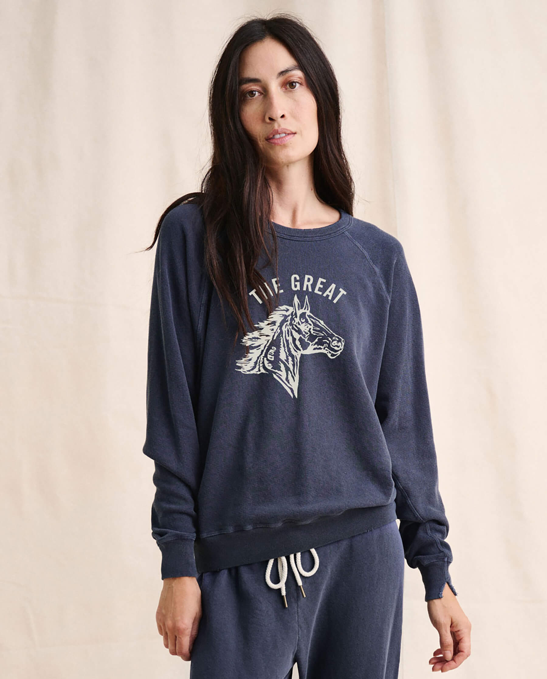 The College Sweatshirt. Graphic -- Washed Navy with Cream Bronco Graphic