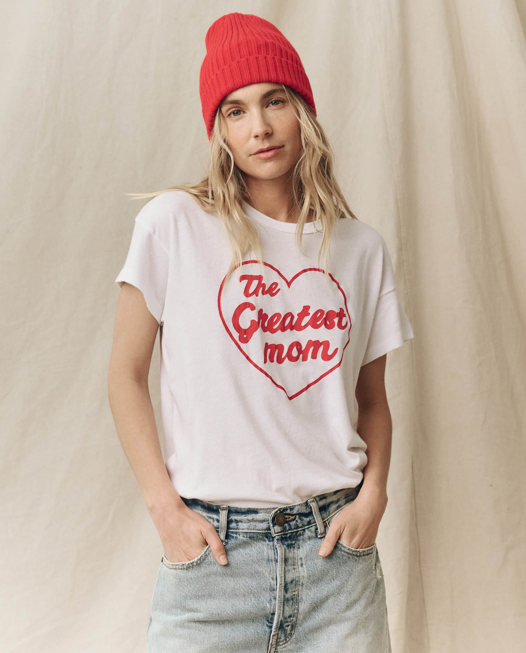 The Greatest Mom Boxy Crew. Graphic -- True White with Red TEES THE GREAT. SP24 MOM GRAPHICS