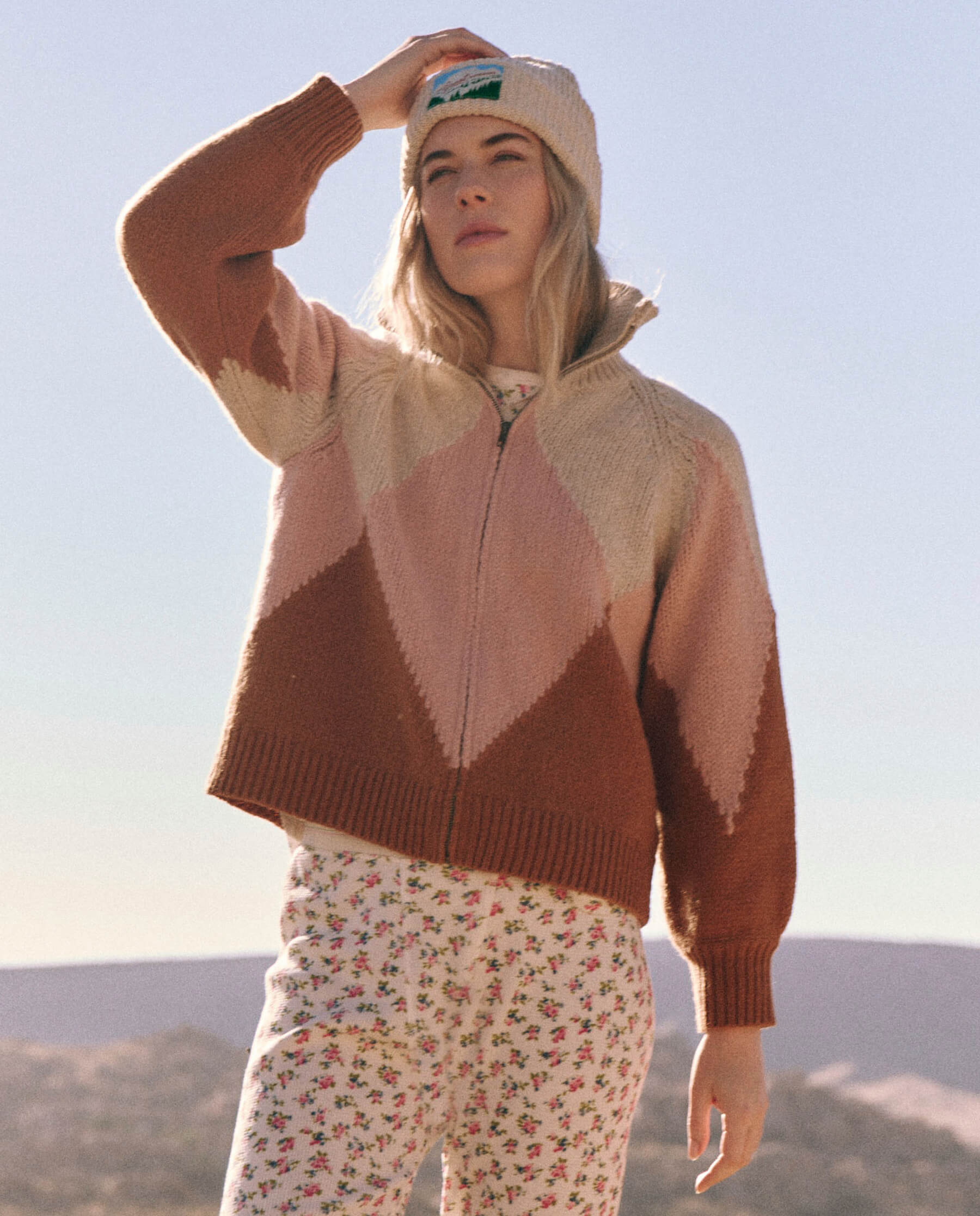The Vista Full-Zip Sweater. -- Golden Hour Argyle SWEATERS THE GREAT. PS24 TGO SALE