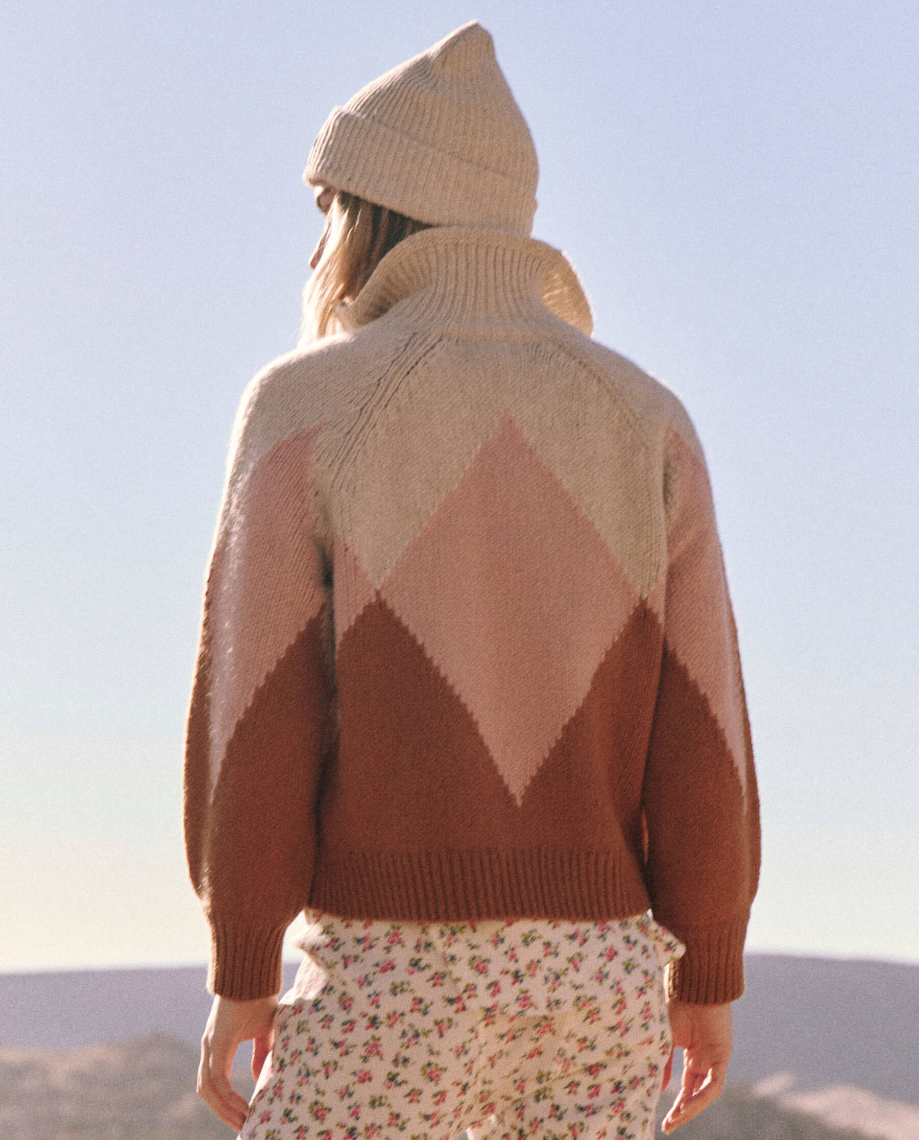 The Vista Full-Zip Sweater. -- Golden Hour Argyle SWEATERS THE GREAT. PS24 TGO SALE