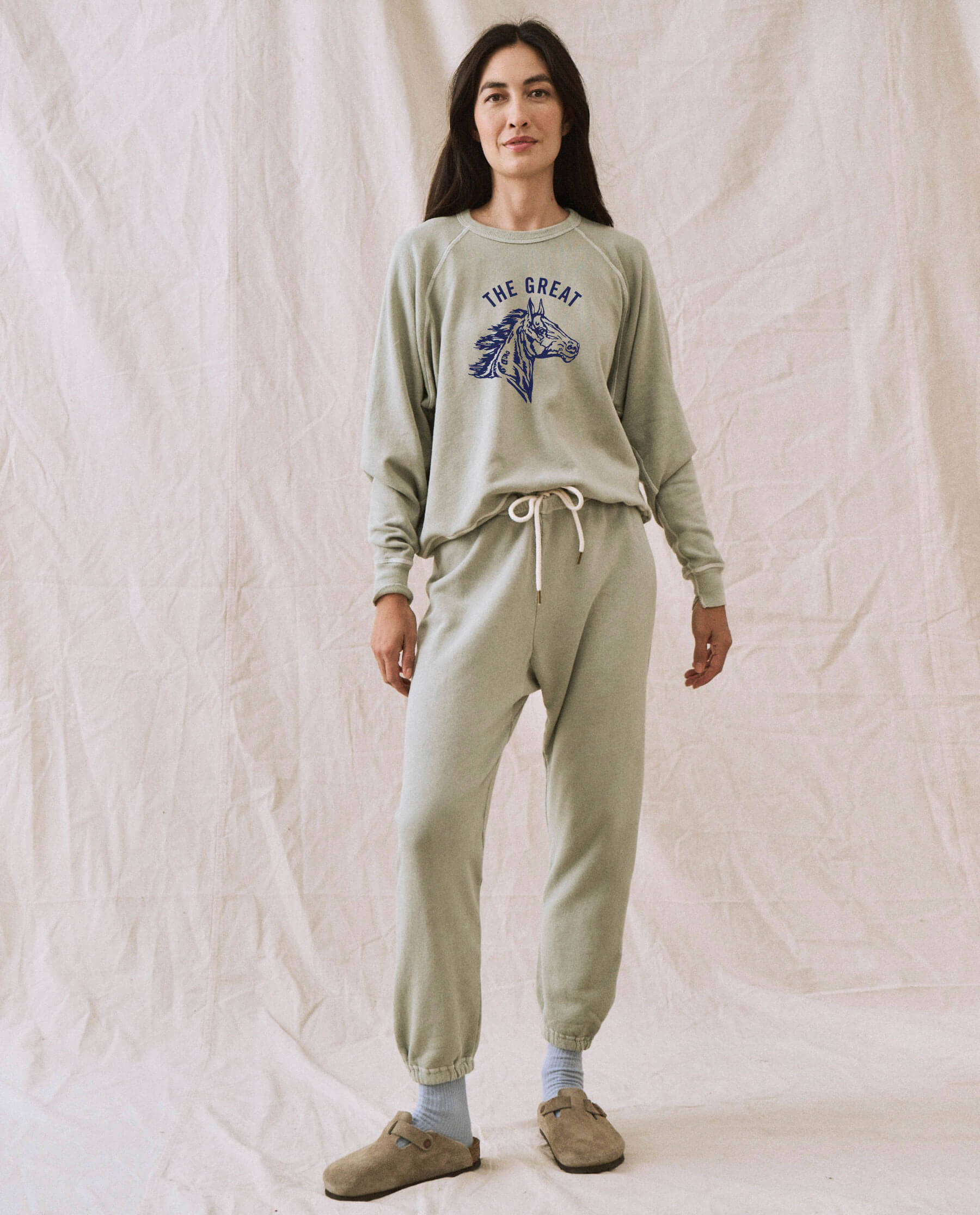 The College Sweatshirt. Graphic -- Seafoam with Navy Bronco Graphic