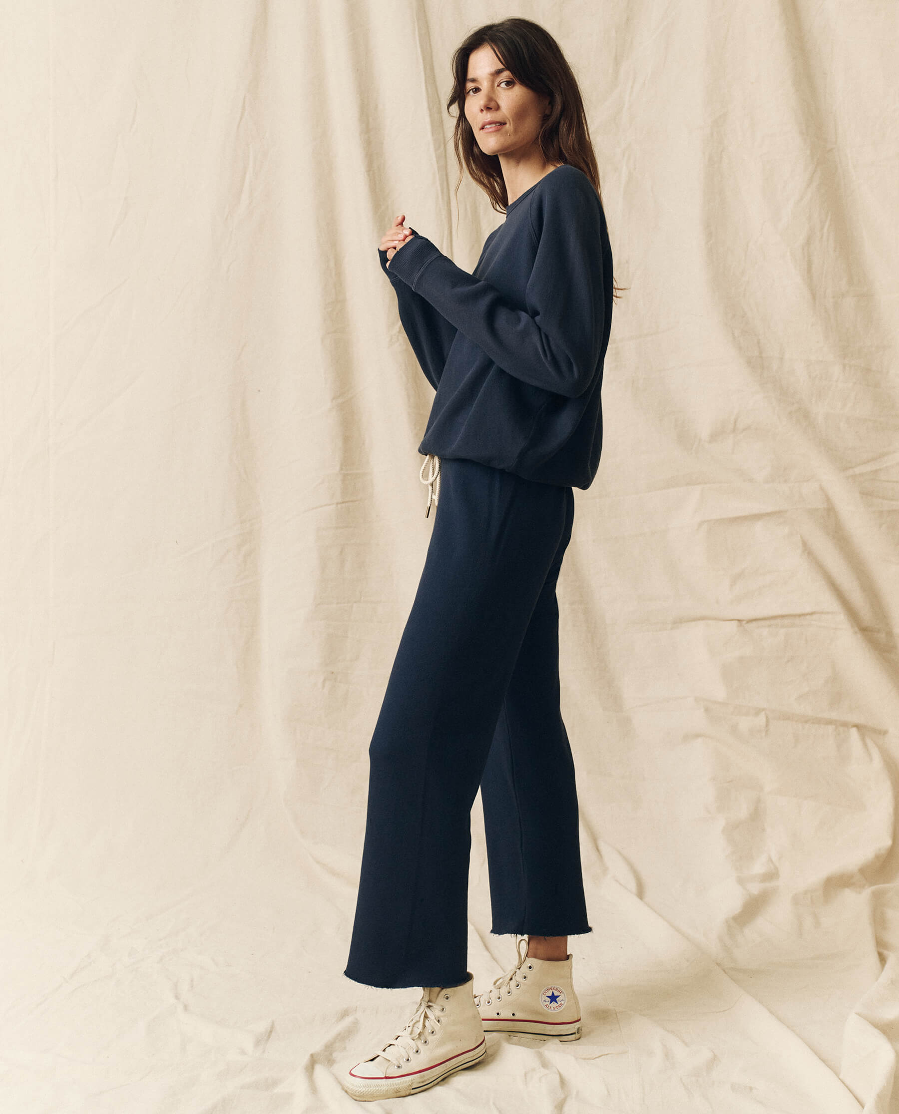The Wide Leg Cropped Sweatpant. -- True Navy
