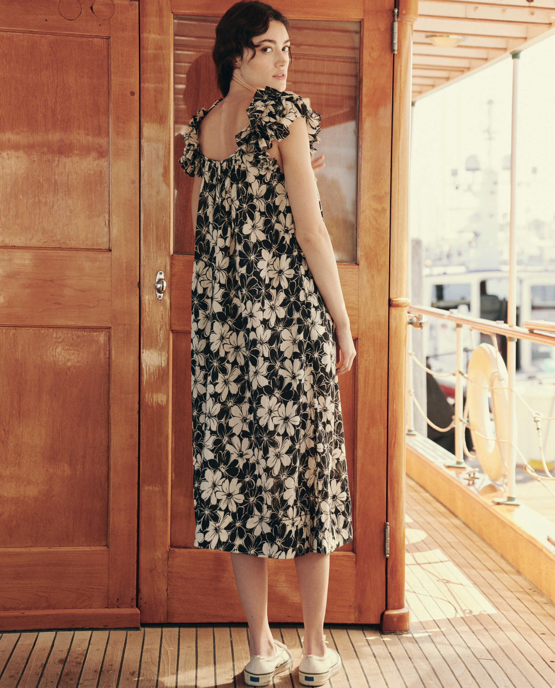 The Cascade Dress. -- Black and Cream Hibiscus Floral