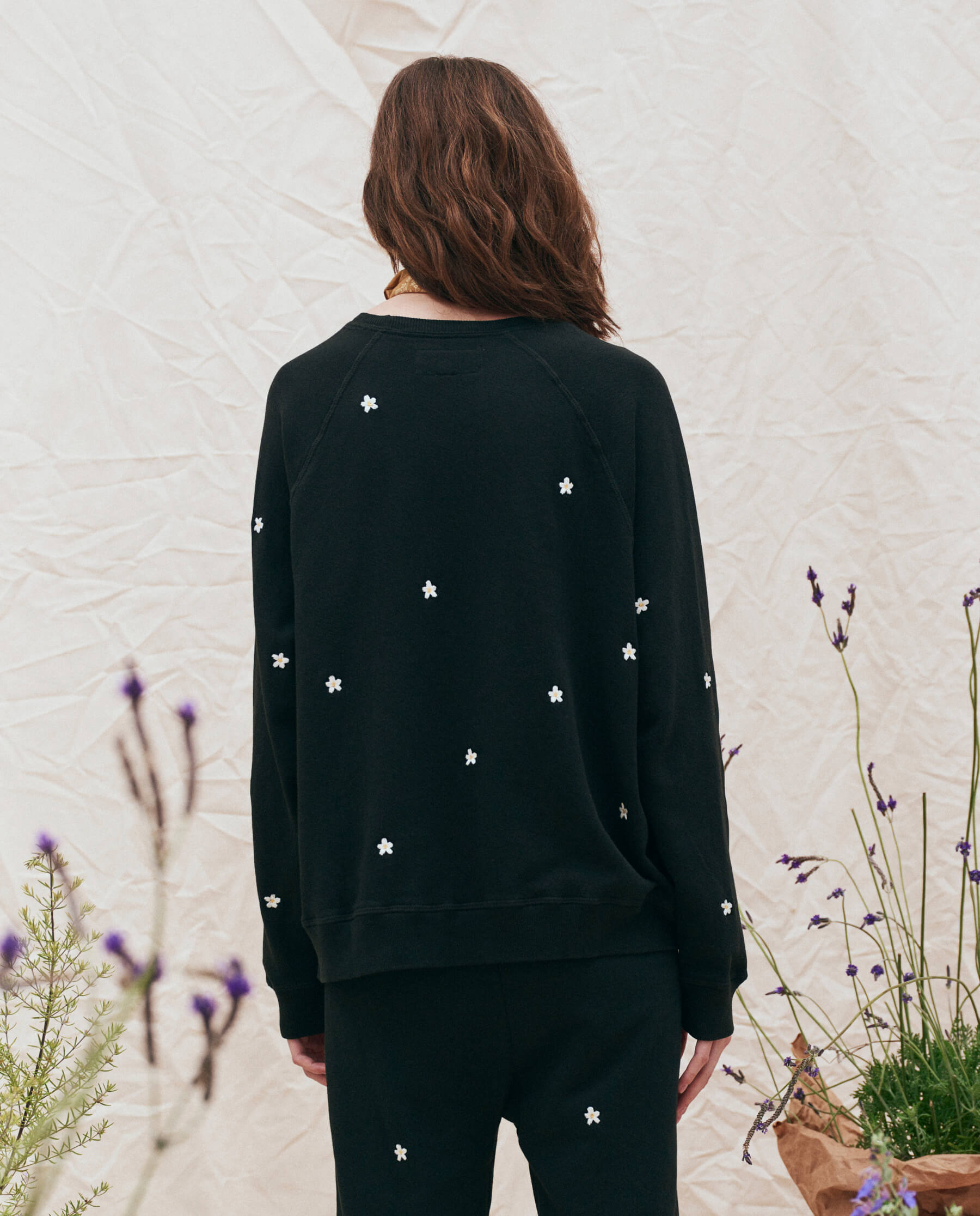 The Slouch Sweatshirt. Embroidered -- Almost Black with Cream Flowers