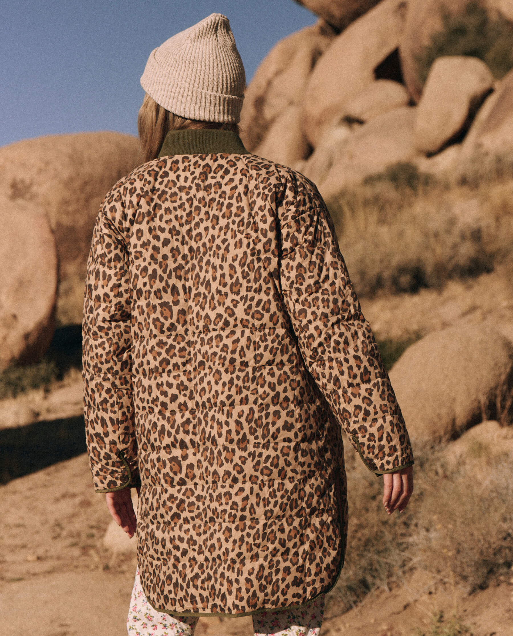 The Reversible Down Treeline Puffer. -- Blush and Snow Leopard JACKET THE GREAT. PS24 TGO SALE