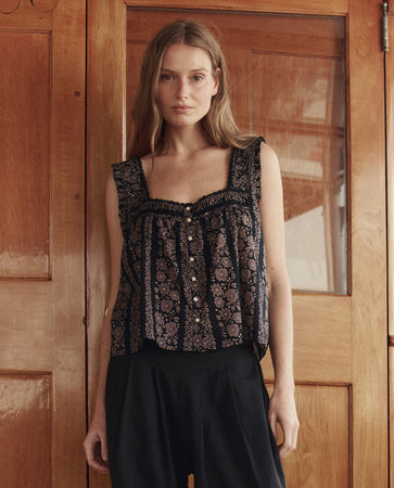 The Victorian Pleat Tank. -- Black And Cream Token Floral – The Great.