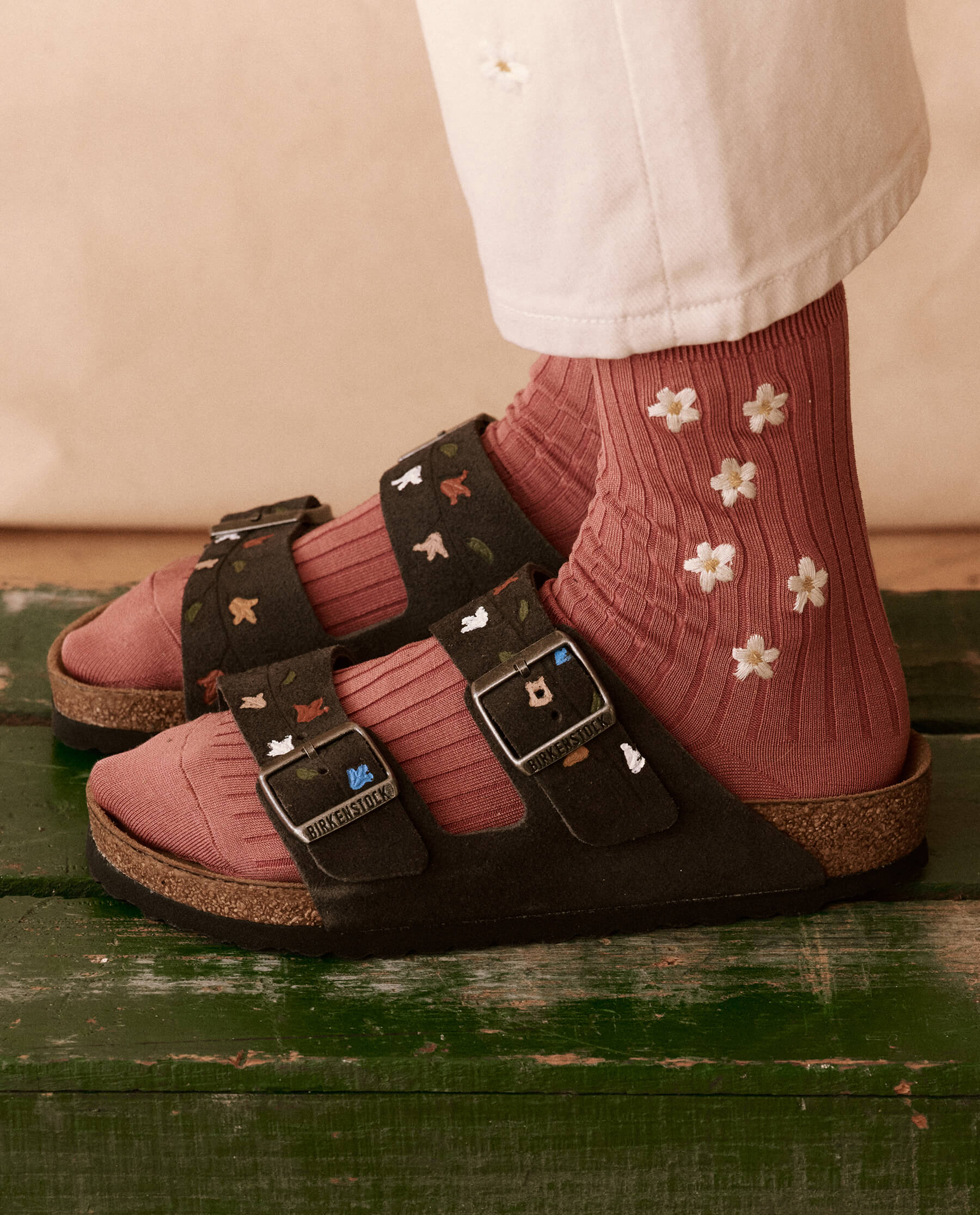 The BIRKENSTOCK Arizona with Hand Painted Tooled Tulip. -- Velvet Gray with Multi