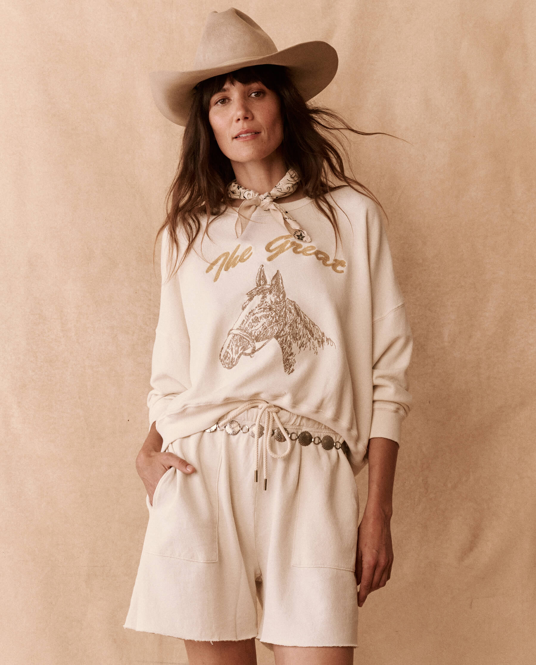 The Teammate Sweatshirt. Graphic -- Washed White with Spice Horse Embroidery