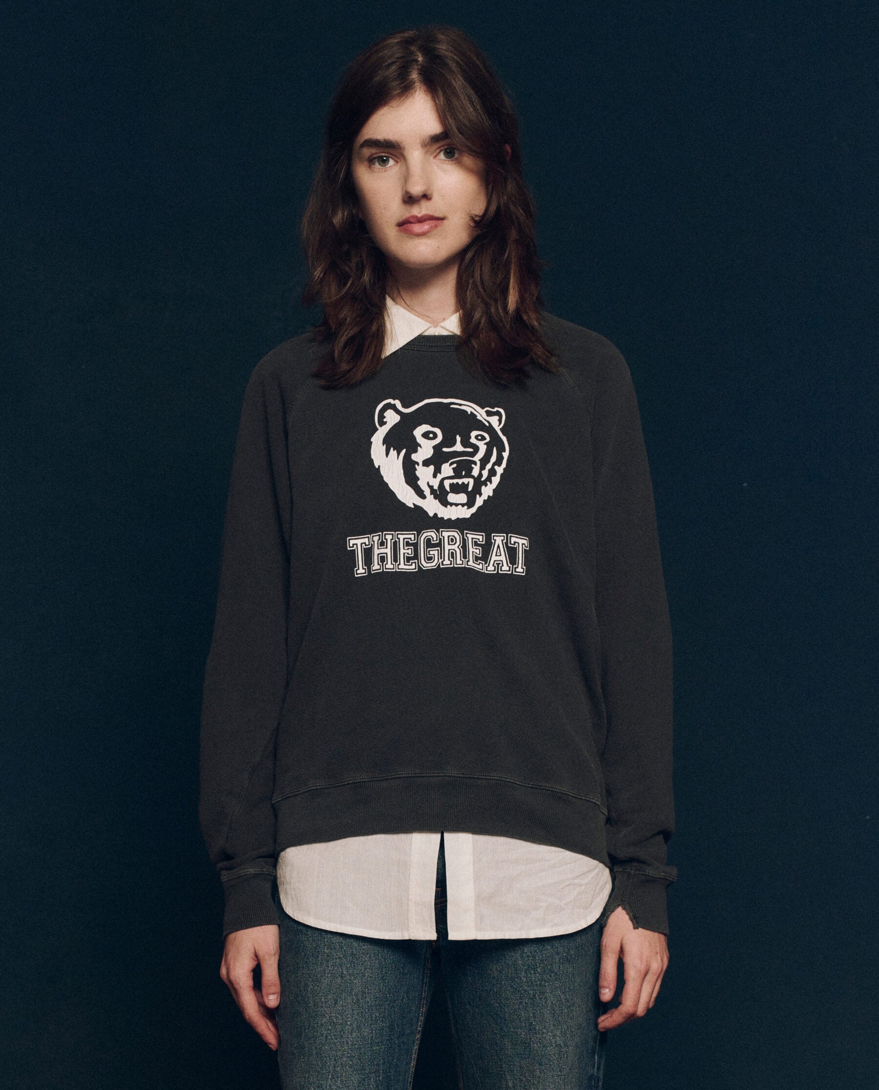 The College Sweatshirt. Graphic -- Washed Black with Bear Graphic SWEATSHIRTS THE GREAT. FALL 24 COLLECTORS