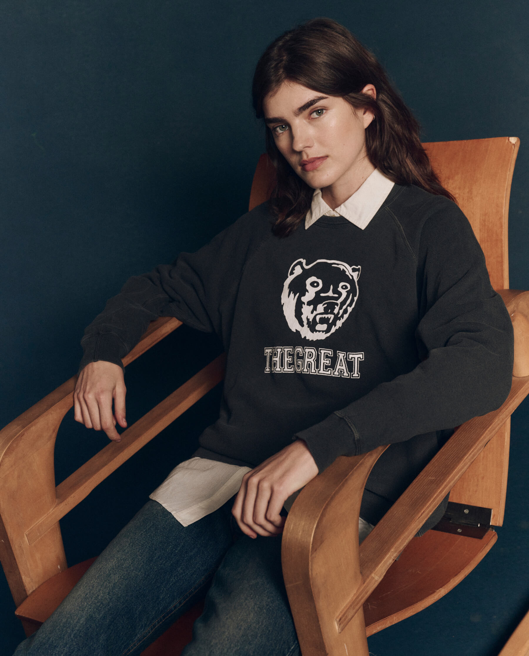 The College Sweatshirt. Graphic -- Washed Black with Bear Graphic SWEATSHIRTS THE GREAT. FALL 24 COLLECTORS