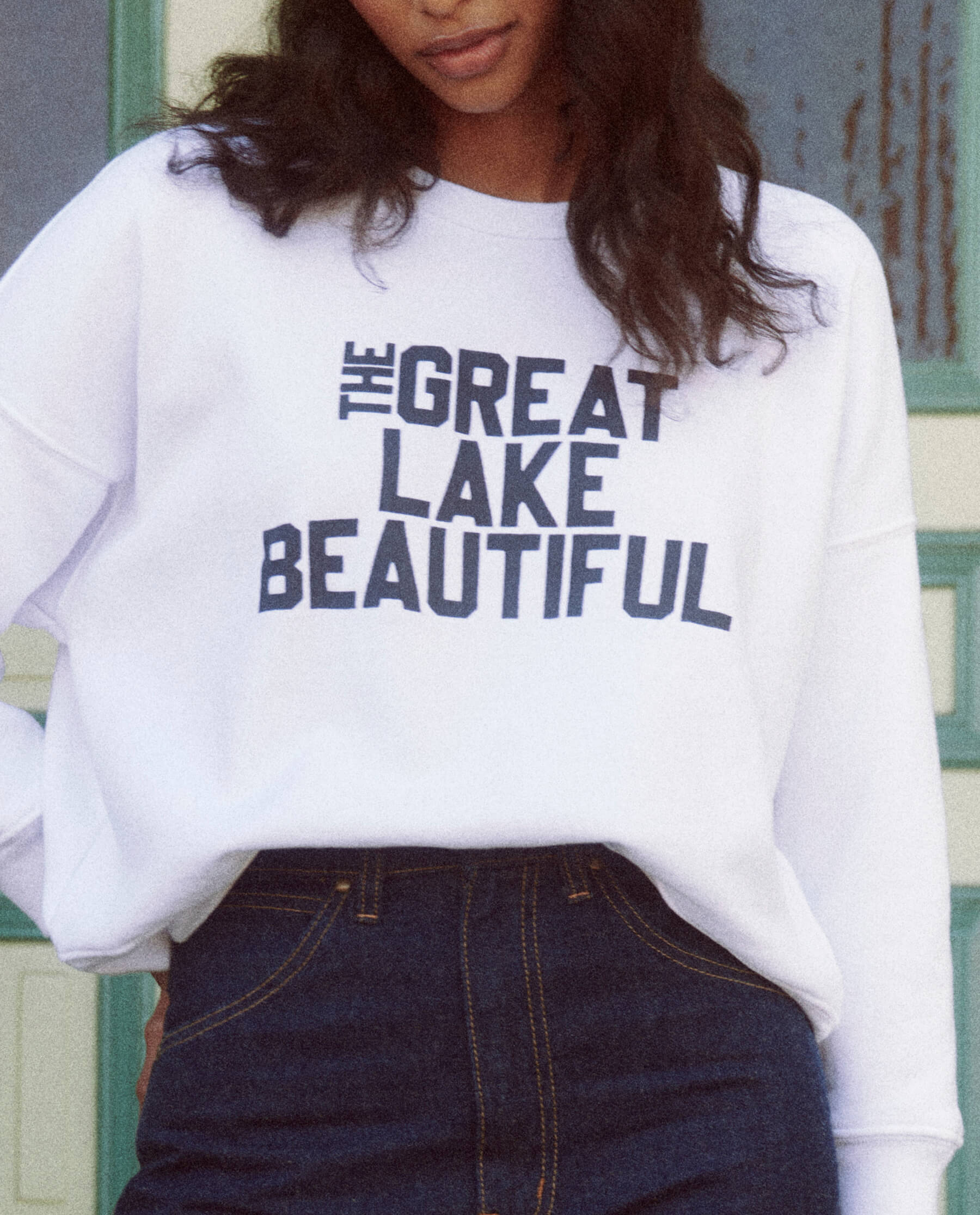 The Teammate Sweatshirt. Graphic -- True White with The Great Lake Beautiful Graphic