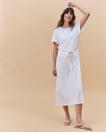 all white t shirt dress Short Sleeve Drape Detail Tailored T-Shirt Dress In White | EGO US