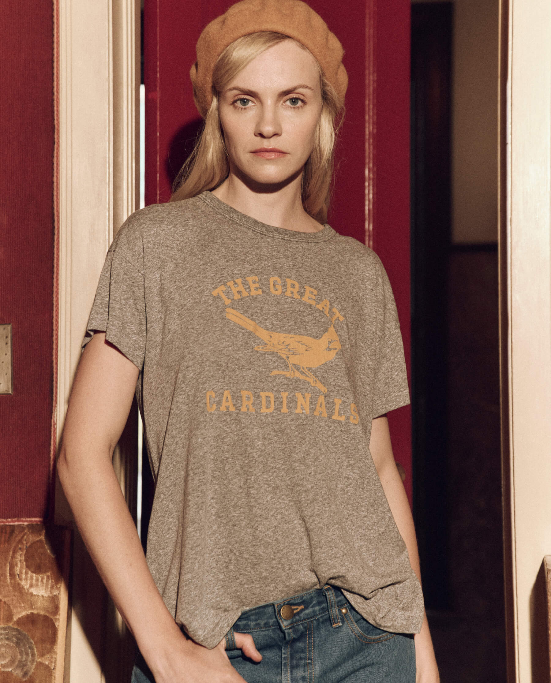 The Boxy Crew. Graphic -- Heather Grey with Perched Cardinal Graphic TEES THE GREAT. SP24 D2