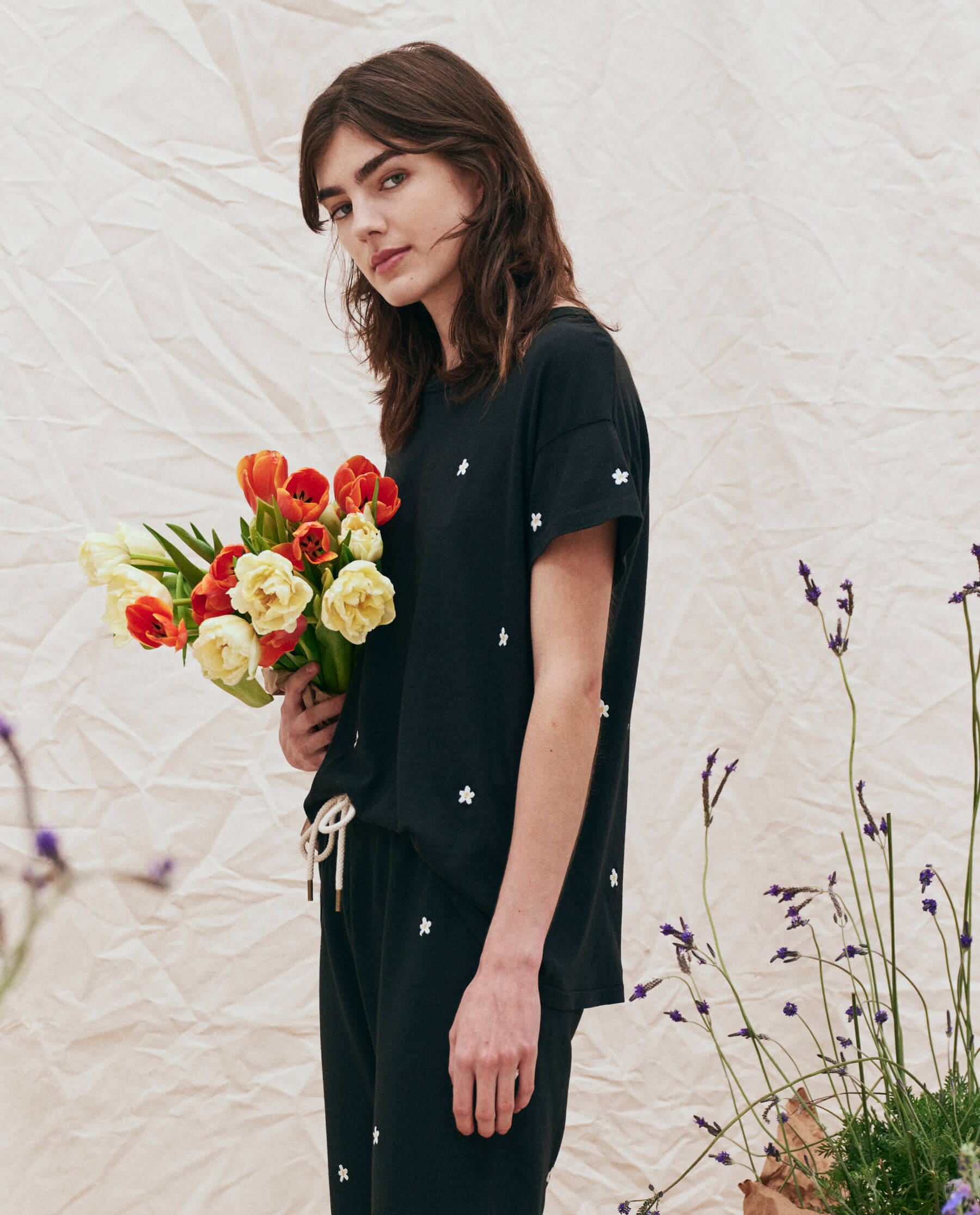 The Boxy Crew. Embroidered -- Almost Black with Cream Flowers