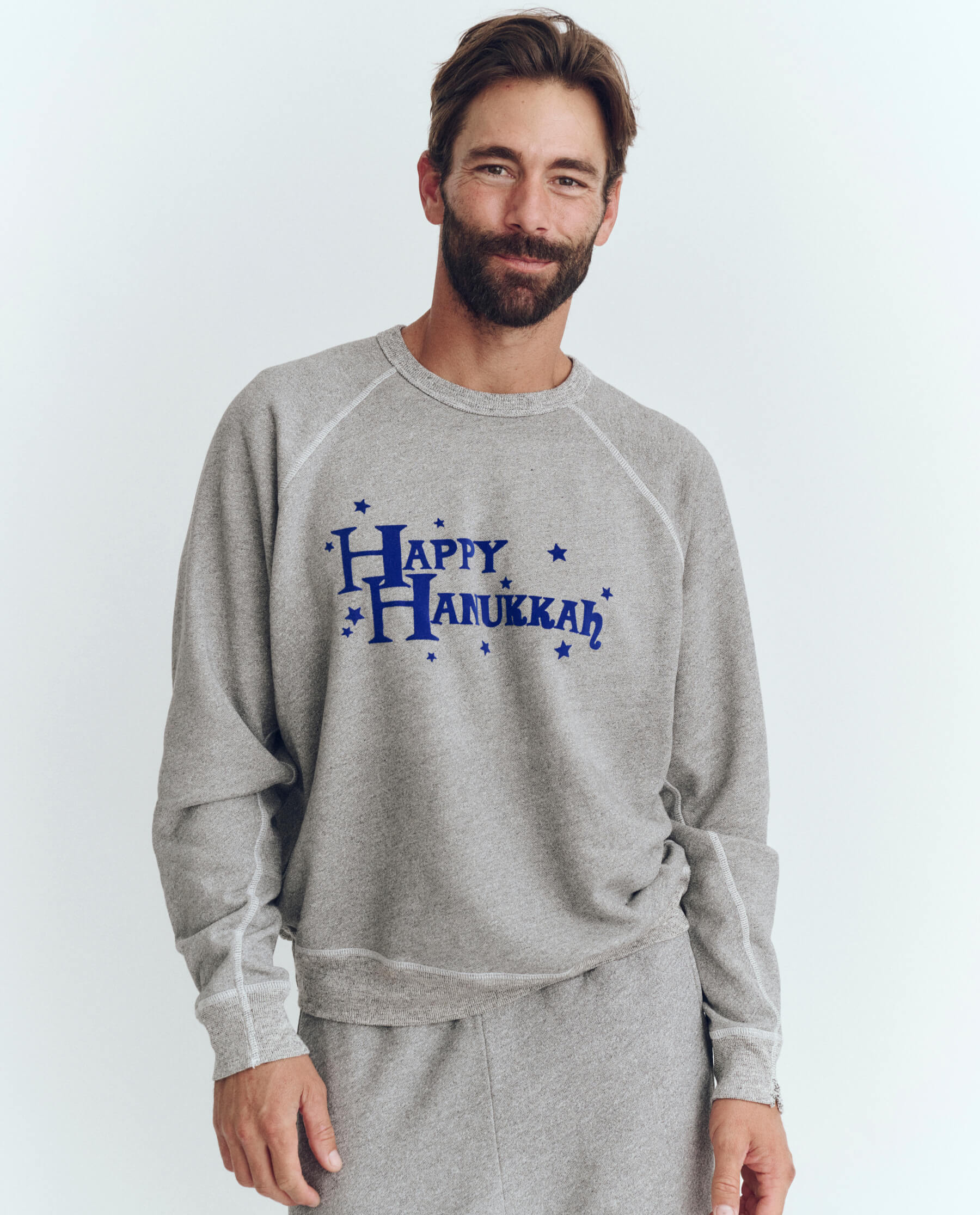 The Men's College Sweatshirt. Graphic -- Varsity Grey with Hannukah Graphic