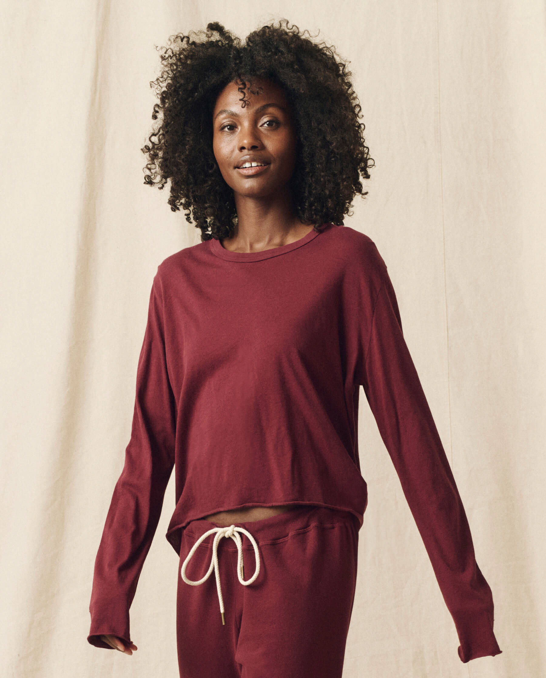 The Long Sleeve Crop Tee. Solid -- Mulled Wine TEES THE GREAT. HOL 23 KNITS