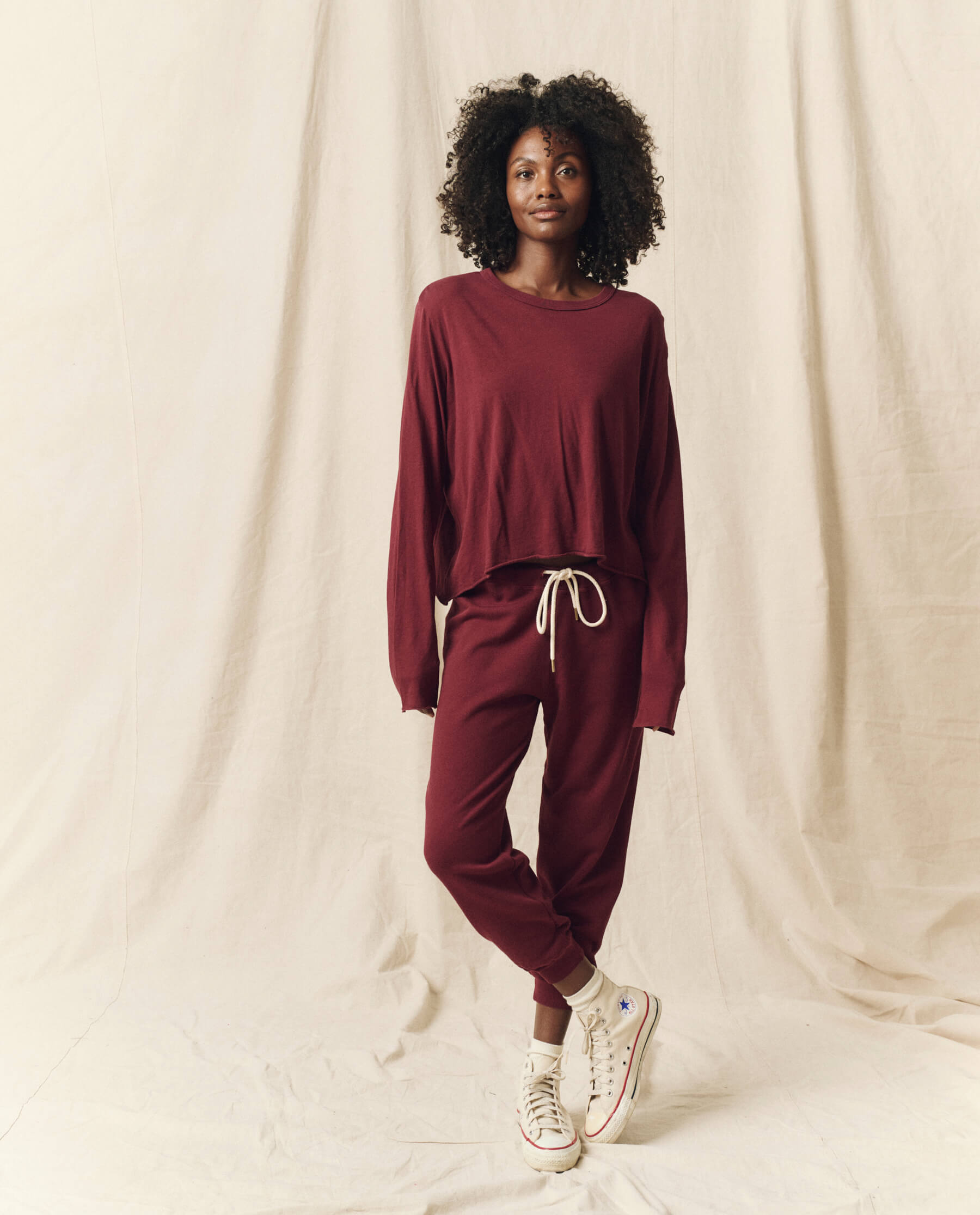The Long Sleeve Crop Tee. Solid -- Mulled Wine TEES THE GREAT. HOL 23 KNITS