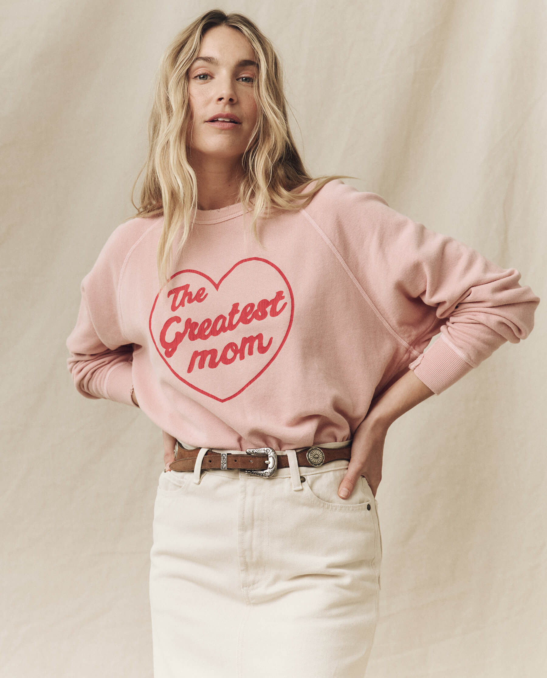 The Greatest Mom College Sweatshirt. Graphic -- Pale Blush with Red SWEATSHIRTS THE GREAT. SP24 MOM GRAPHICS