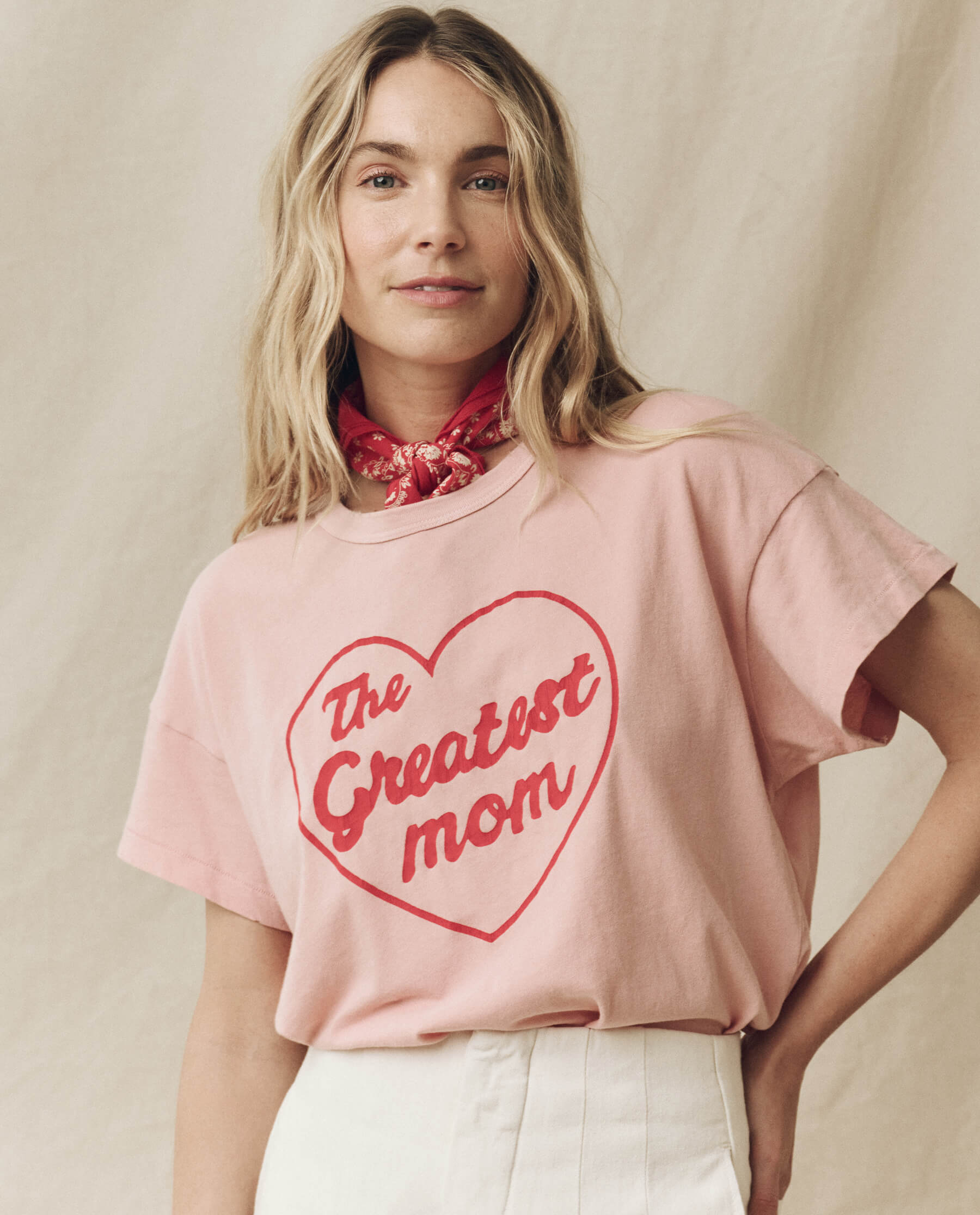 The Greatest Mom Boxy Crew. Graphic -- Pale Blush with Red TEES THE GREAT. SP24 MOM GRAPHICS