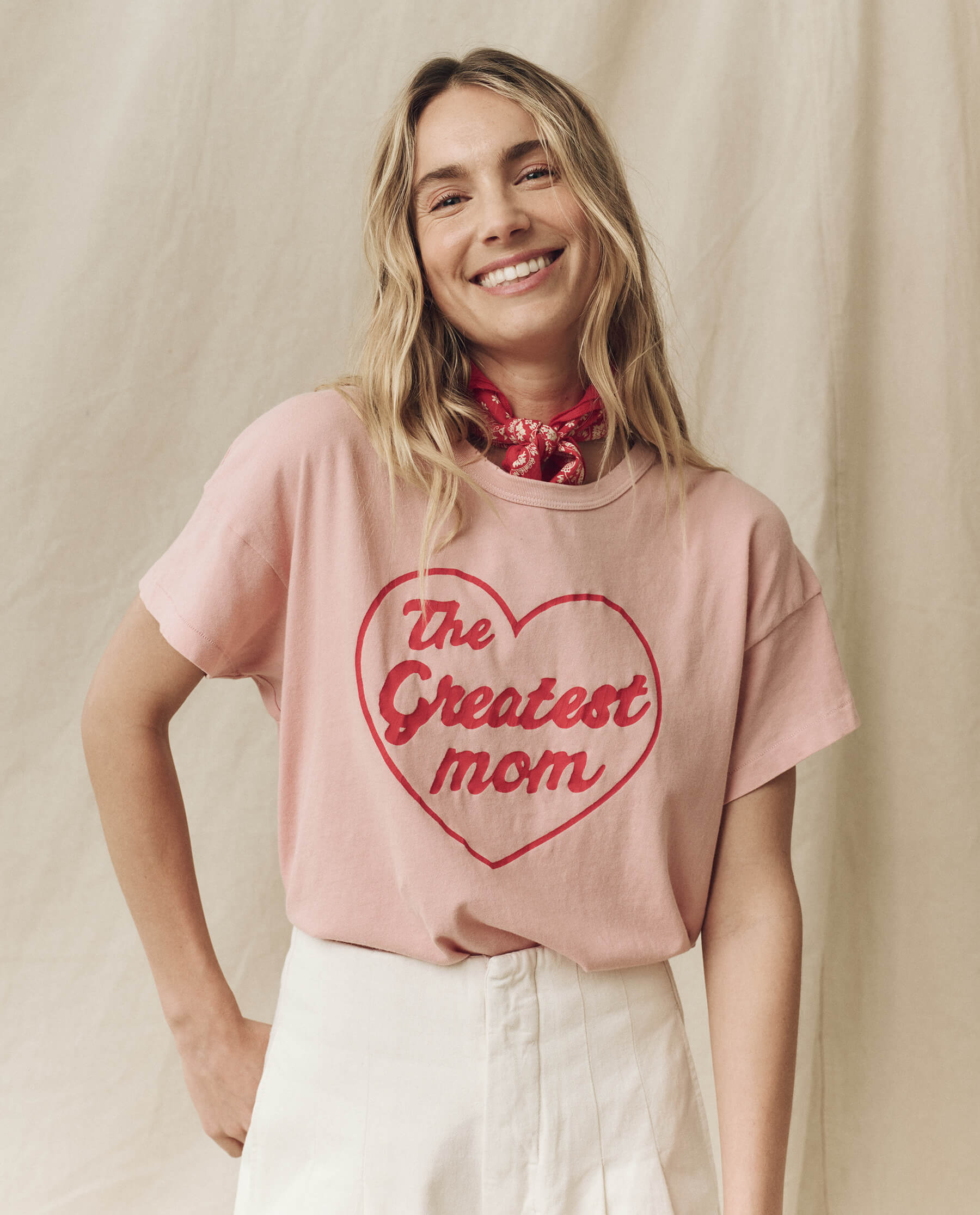 The Greatest Mom Boxy Crew. Graphic -- Pale Blush with Red TEES THE GREAT. SP24 MOM GRAPHICS
