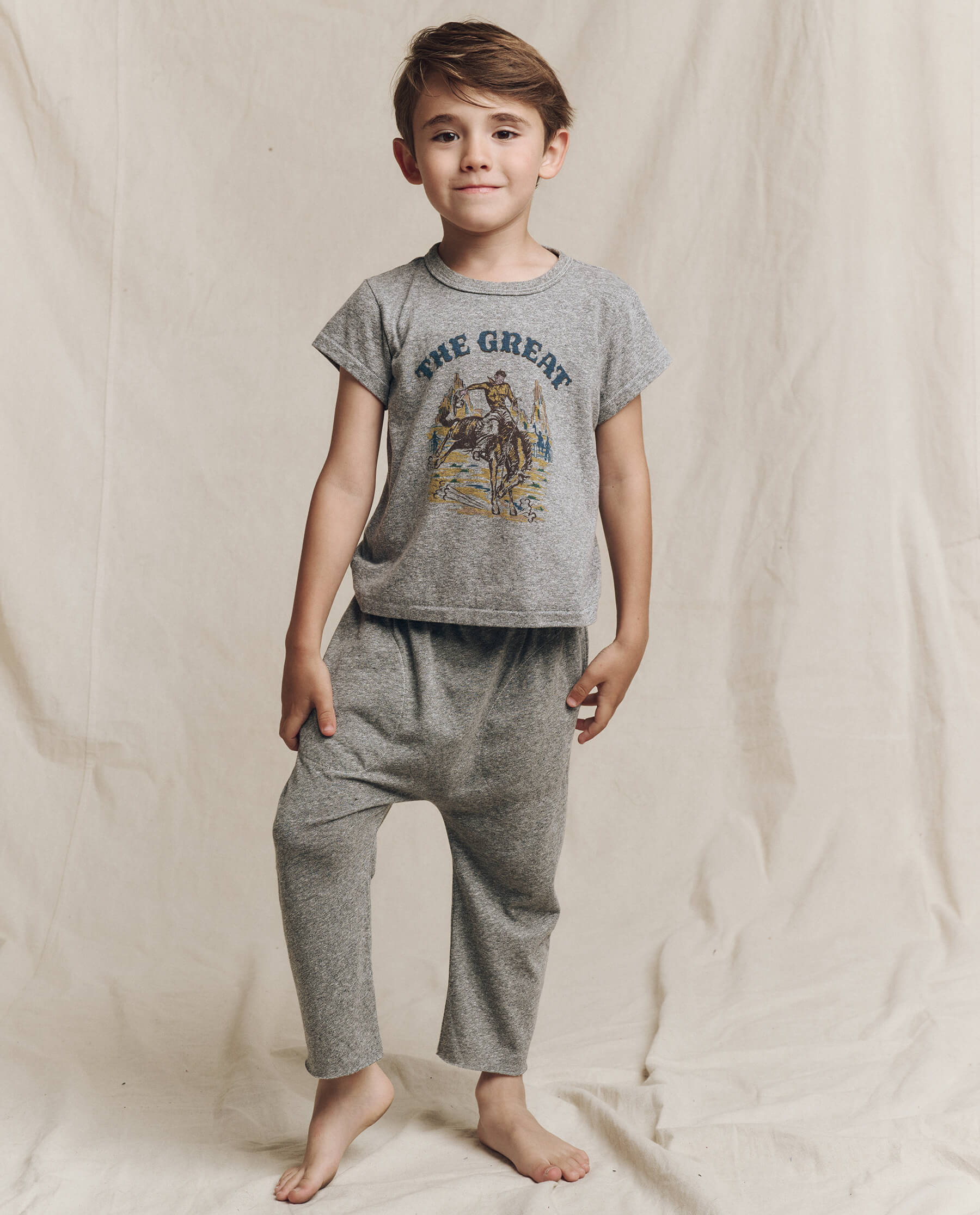 The Little Boxy Crew. Graphic -- Heather Grey with Rodeo Graphic TEES THE GREAT. FALL 24 LITTLE