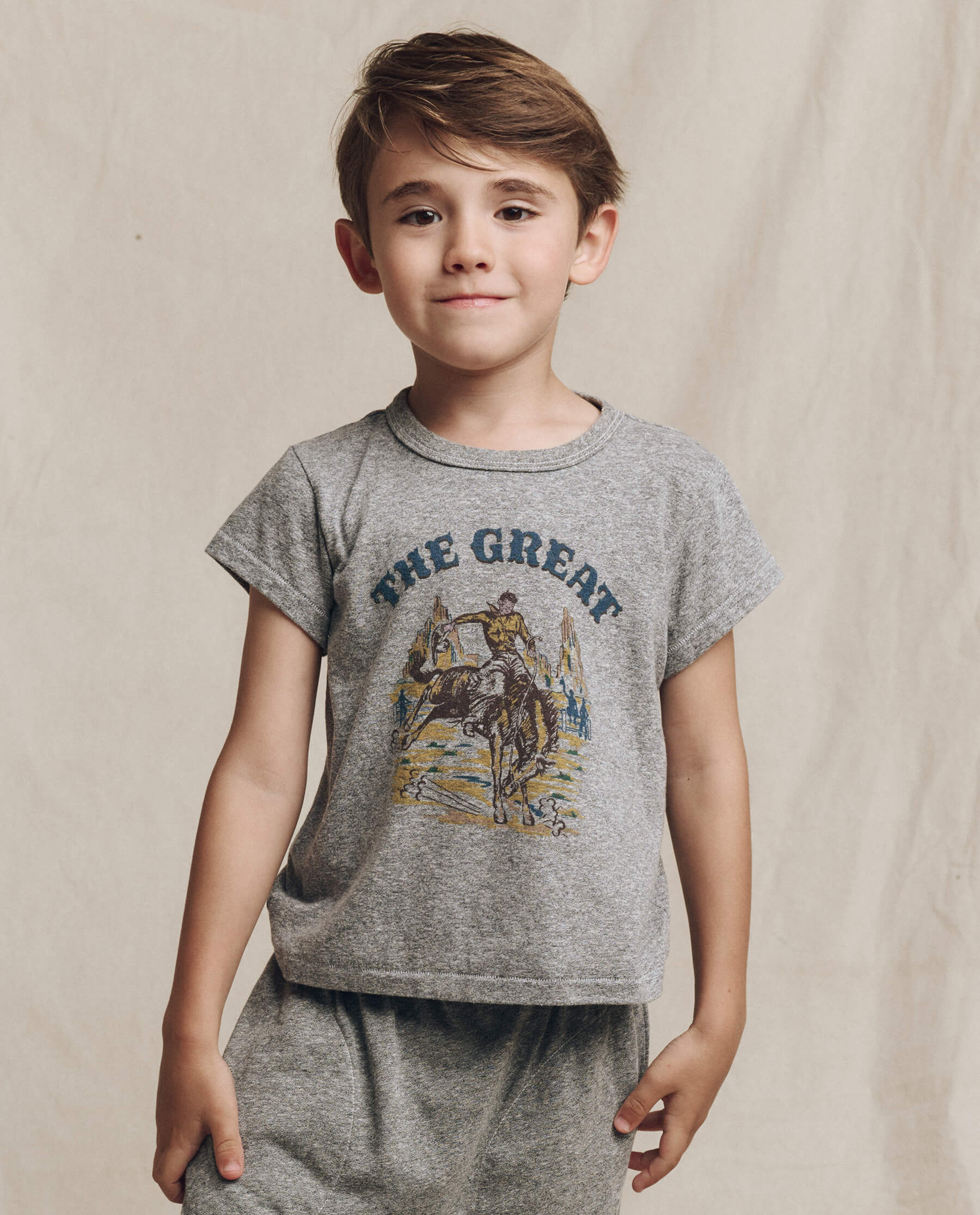 The Little Boxy Crew. Graphic -- Heather Grey with Rodeo Graphic TEES THE GREAT. FALL 24 LITTLE