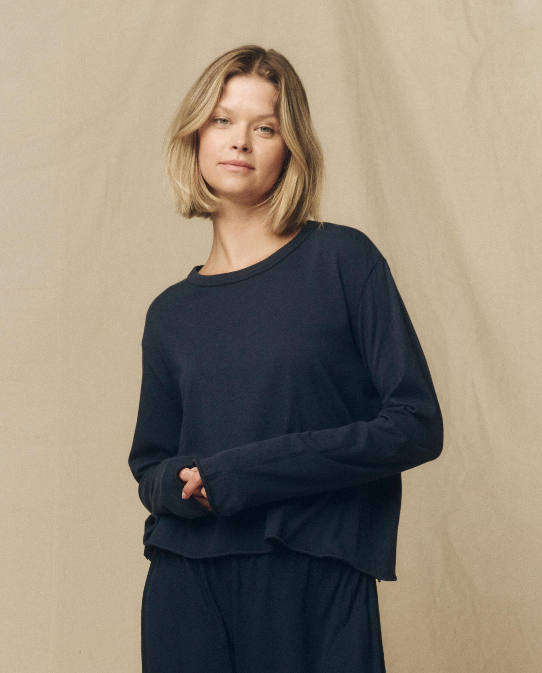 The Long Sleeve Crop Tee. -- True Navy TEES THE GREAT. FALL 23 KNITS