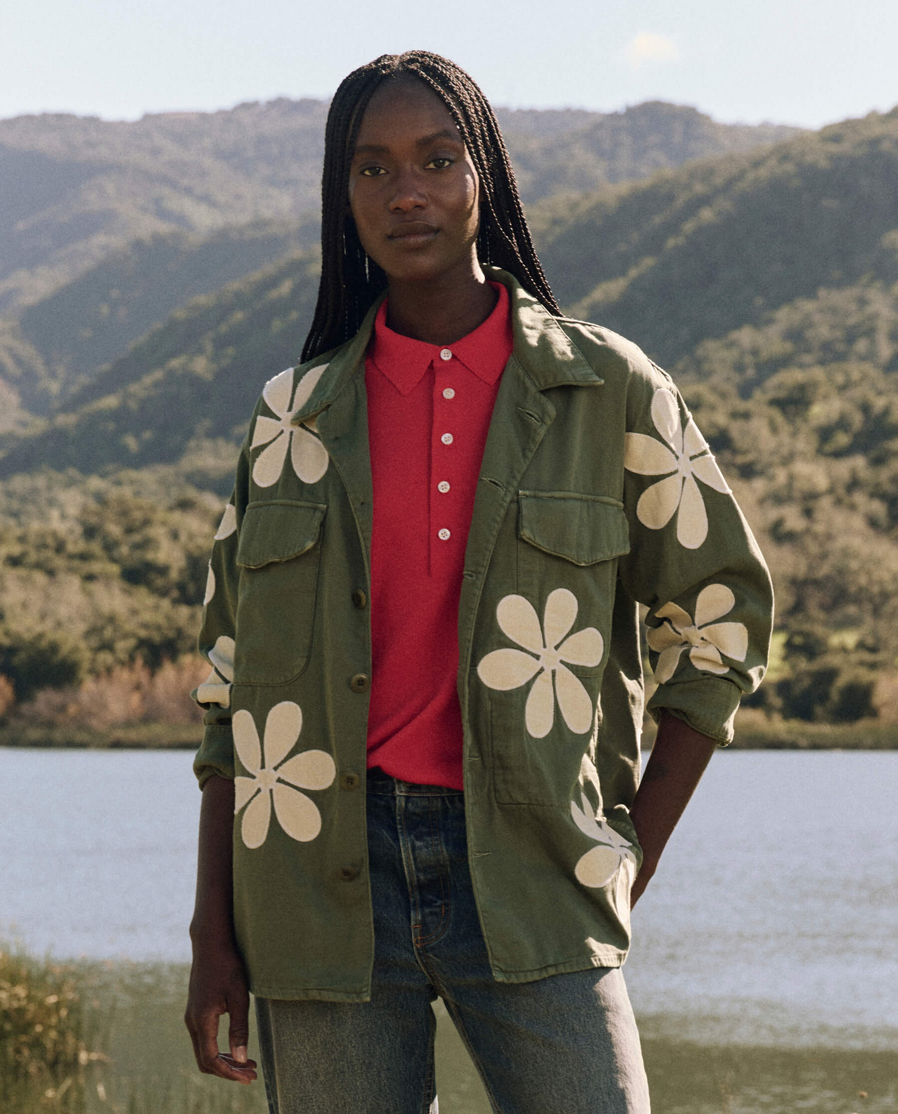 The Vintage Army Jacket with Daisy Applique. -- Classic Army JACKET THE GREAT. FALL 24 D1