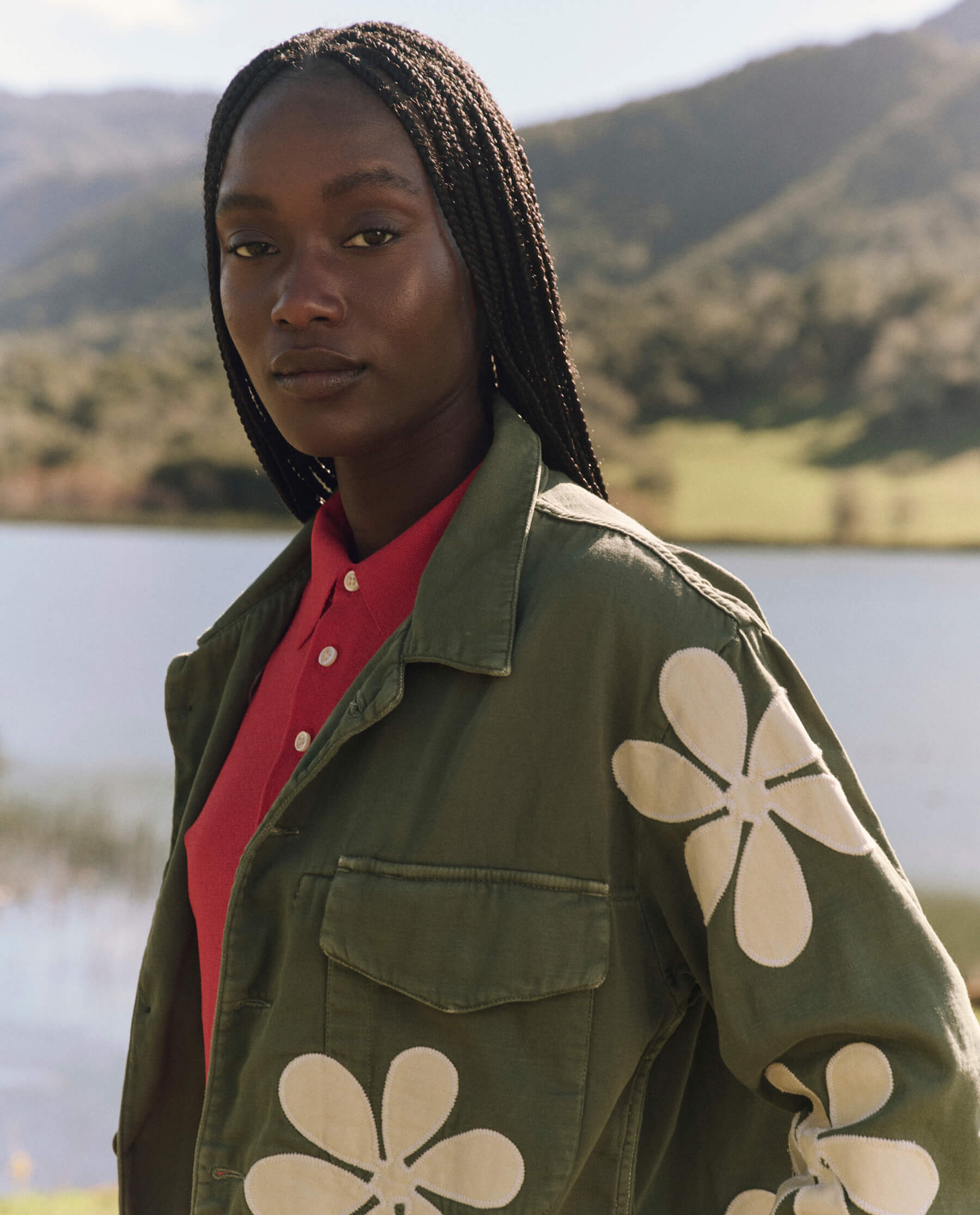 The Vintage Army Jacket with Daisy Applique. -- Classic Army JACKET THE GREAT. FALL 24 D1