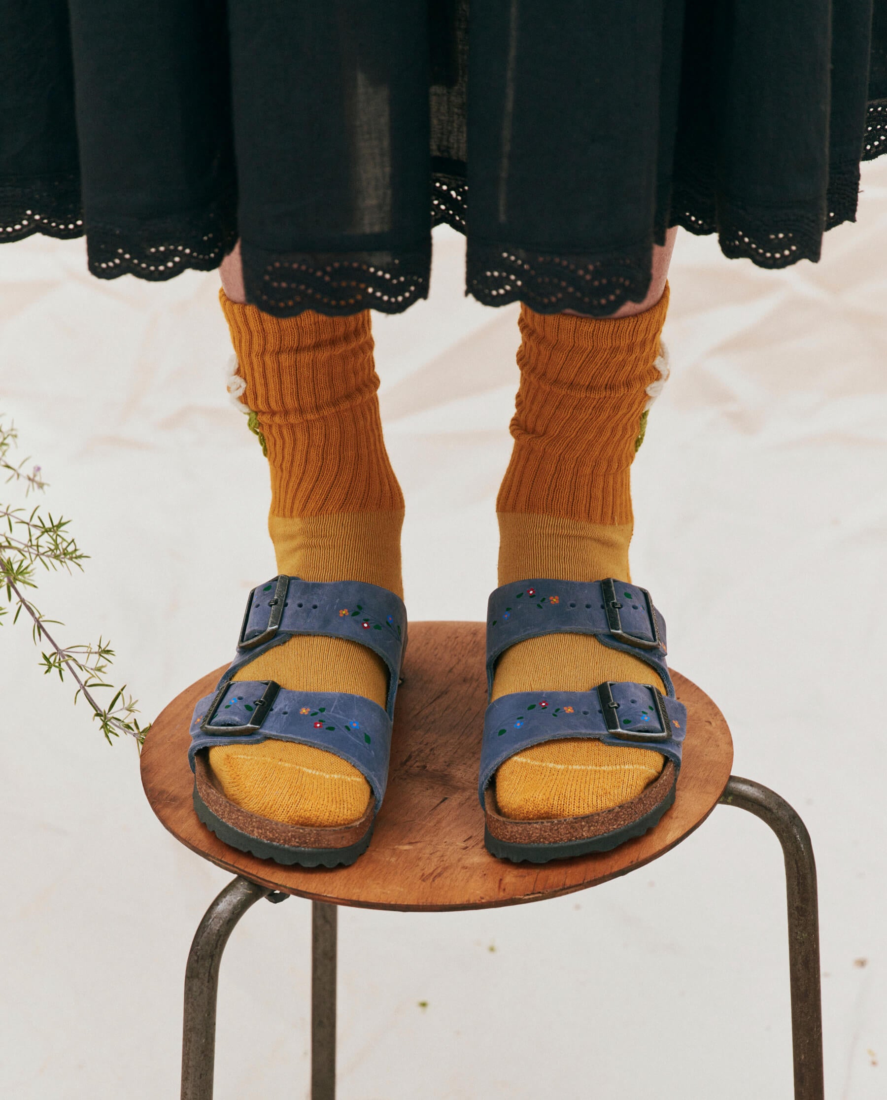BIRKENSTOCK Arizona with Hand Painted Tooled Vine. -- Dusty Blue Oiled Leather with Multi