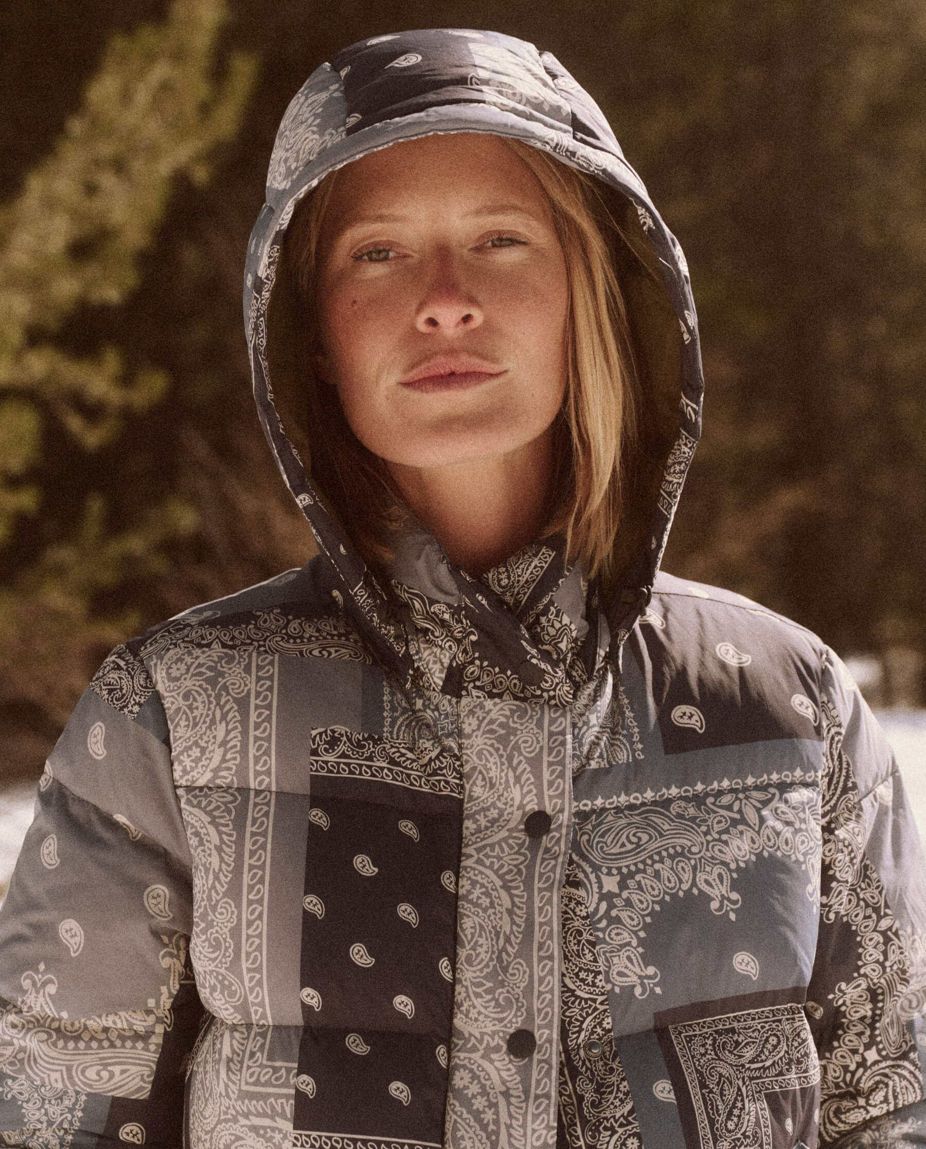 The Down Polar Puffer. -- Patchwork Bandana and Evergreen JACKET THE GREAT. FALL 23 TGO SALE
