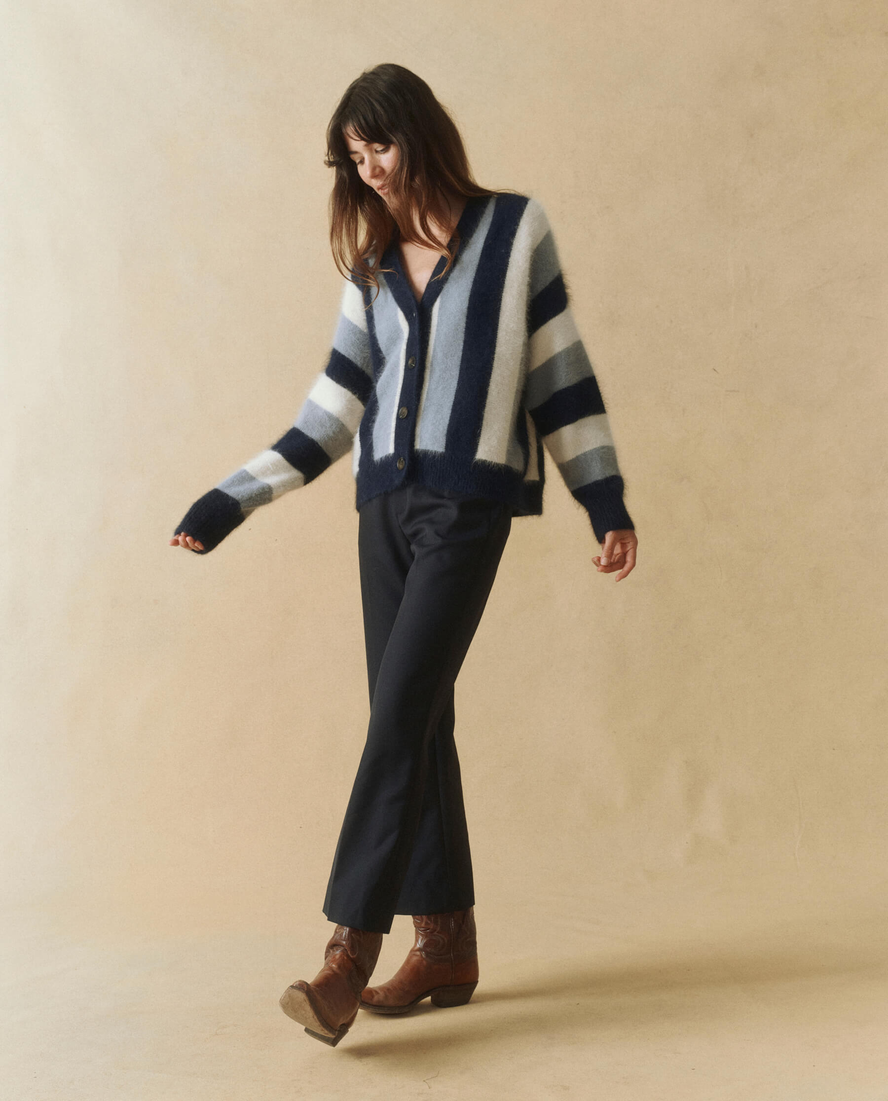 The Fluffy Slouch Cardigan. -- Navy Stripe