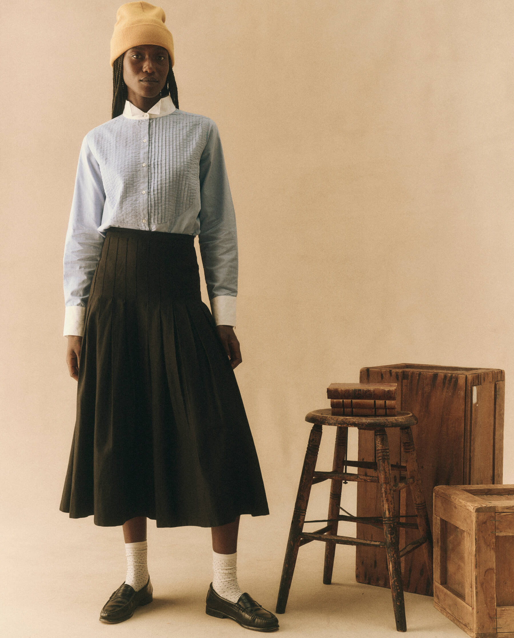 The Pleated Tux Top. -- Blue Oxford with White Poplin Trim
