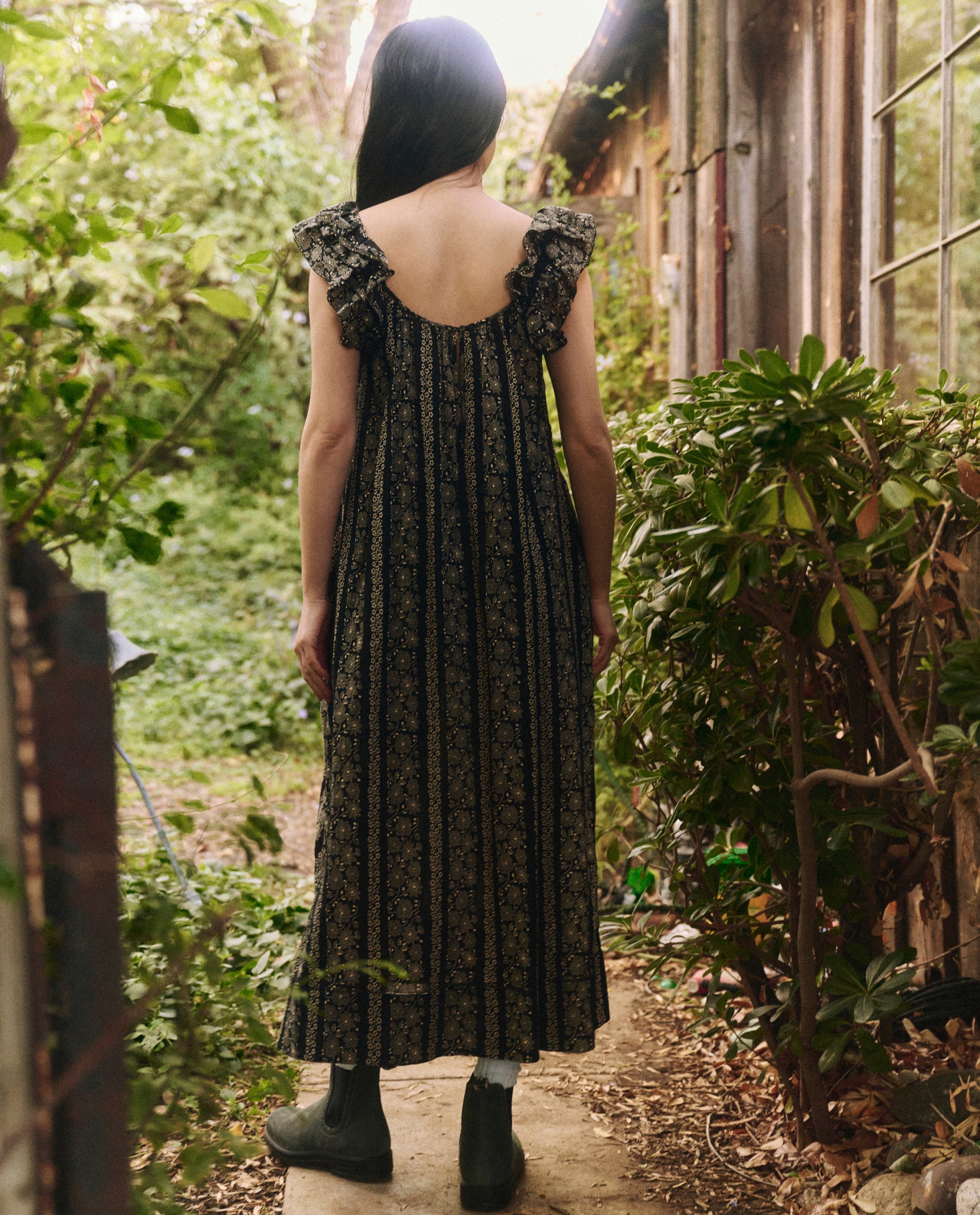 The Cascade Dress. -- Black and Cream Token Floral