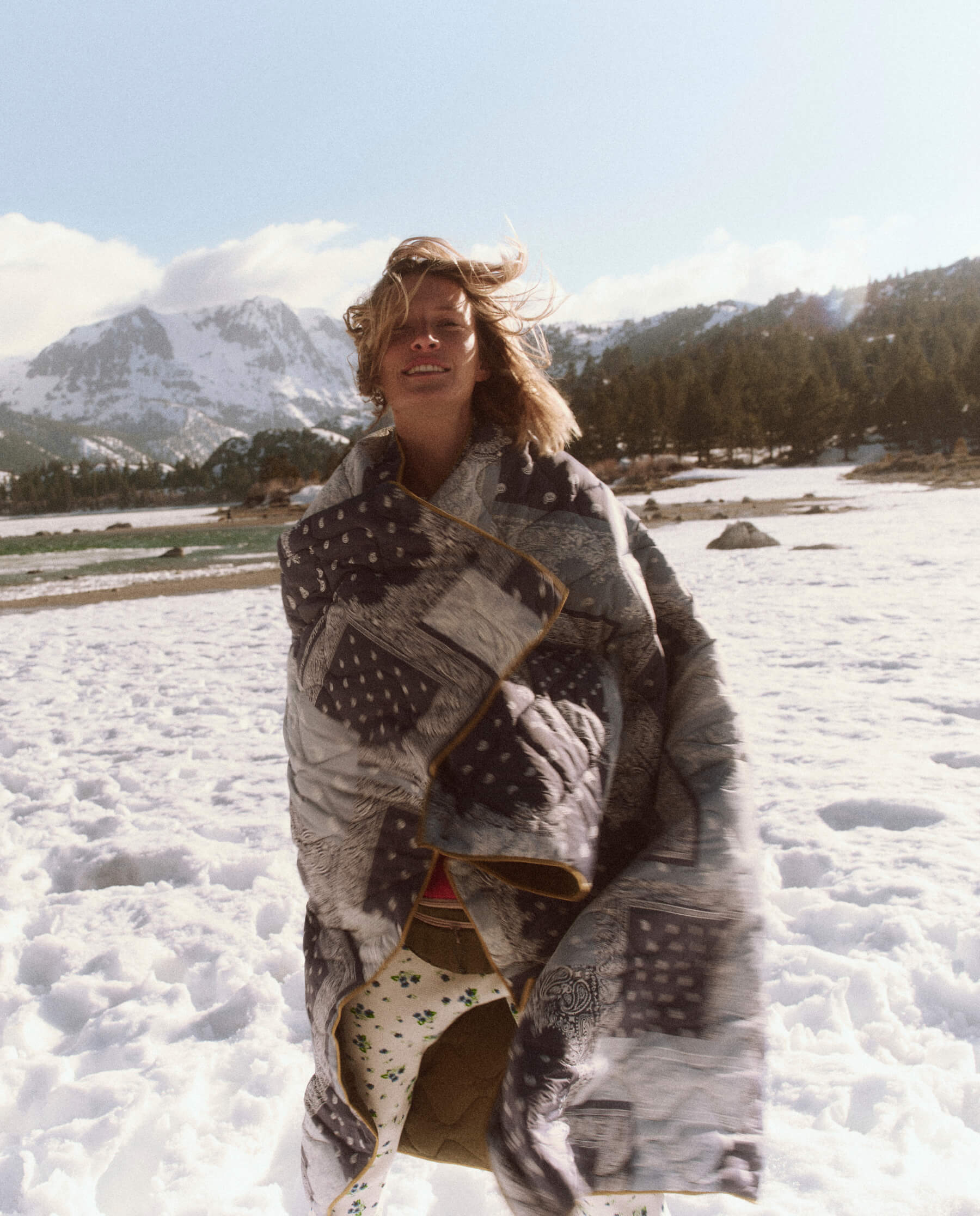 The Wearable Reversible Puffer Blanket. -- Patchwork Bandana and Evergreen BLANKETS THE GREAT. FALL 23 TGO SALE