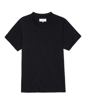 Introducing The Men's Pure Knits Slim Tee in Solid -- Almost Black, from THE GREAT. FALL 23 MEN. This plain short-sleeve T-shirt features a round neckline and is crafted from heavy-weight fabric. Displayed on a white background, this classic piece is proudly made in the USA.