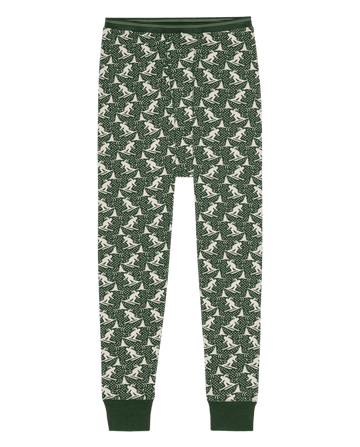 The Union Long John. -- Spruce by THE GREAT. F26 TGO: green and white pajama pants with dinosaur print, fitted waistband, and ankle cuffs.