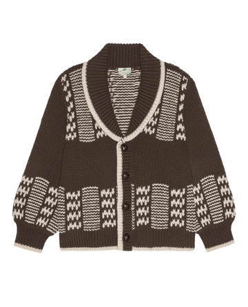 The Chalet Cardigan Sweater. -- Walnut And Cream by THE GREAT. F26 TGO features cream geometric patterns, a shawl collar, button front, and ribbed cuffs and hem.