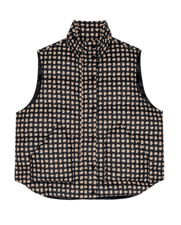 The Polar Vest. -- Black Paisley by THE GREAT. F26 TGO: sleeveless black vest with high collar, beige/light brown paisley pattern, two front pockets, and a curved hem.