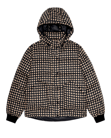 The Polar Puffer. -- Black Paisley by THE GREAT. F26 TGO, features a black hood, paisley print, front zipper, and black cuffs on a plain white background.