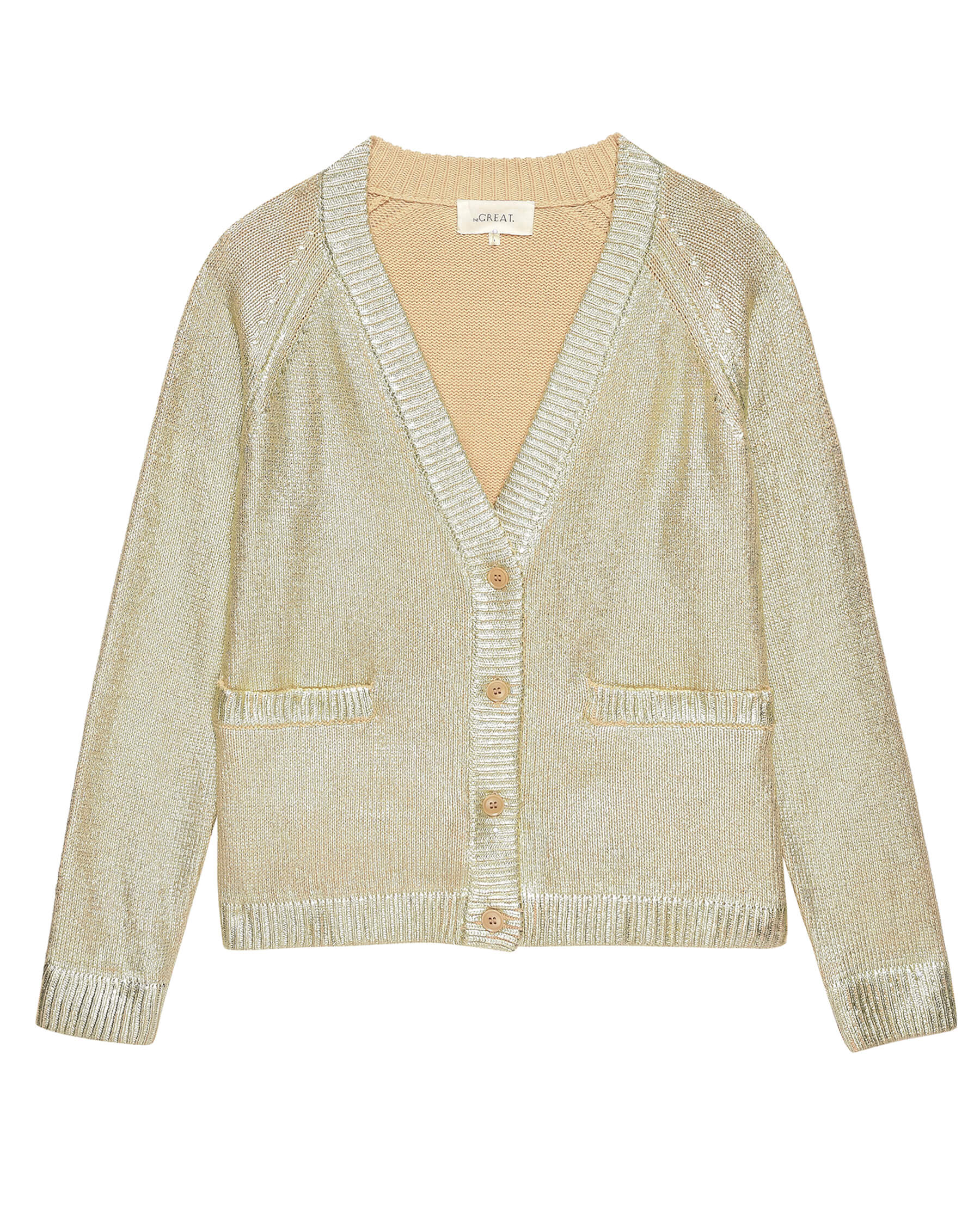 The Varsity Cardigan. -- Shimmer SWEATERS THE GREAT. HOL 23 D1 SALE